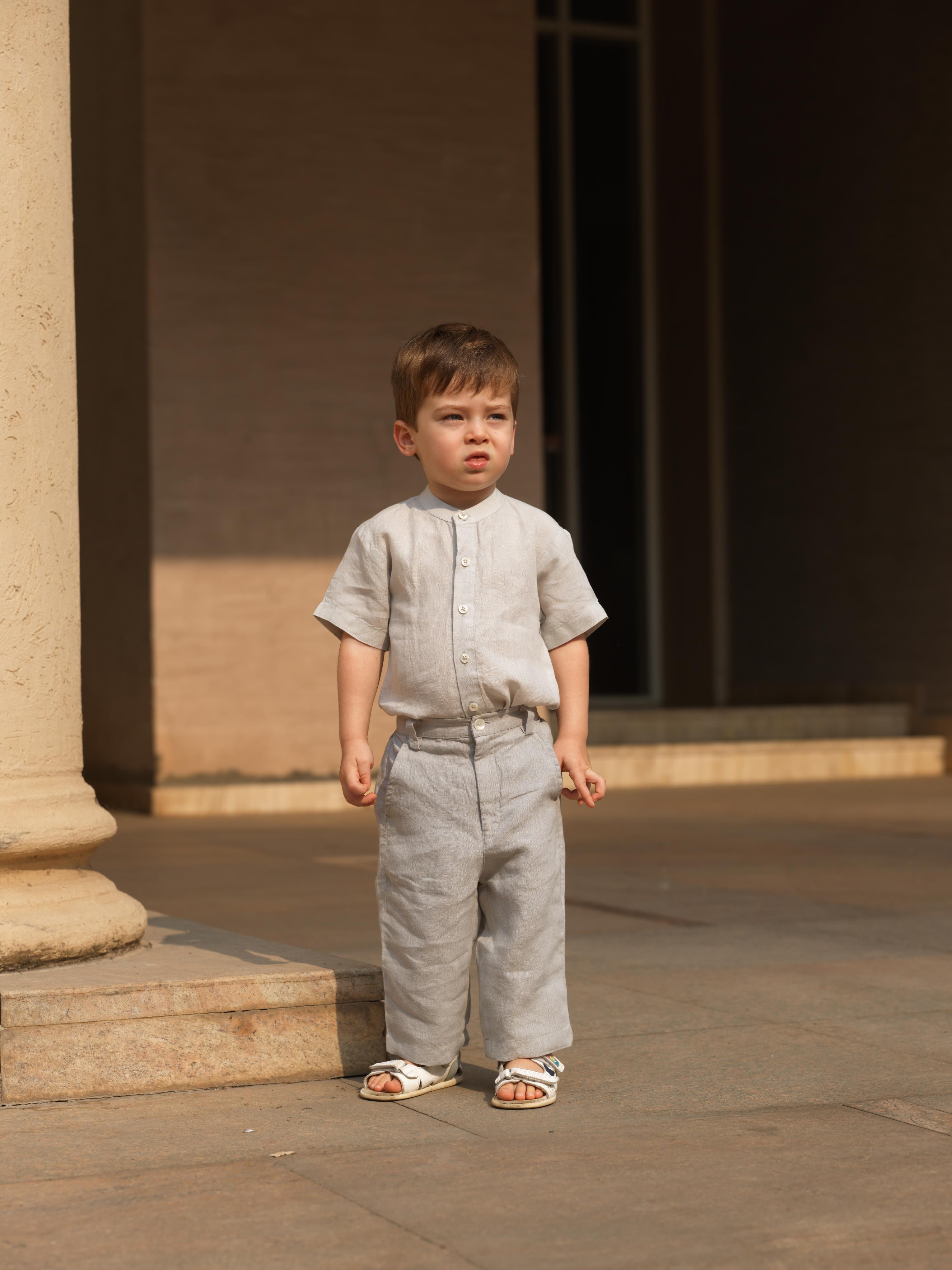 Boys Mandarin Collar Shirt & Shorts Co-Ord Light Grey
