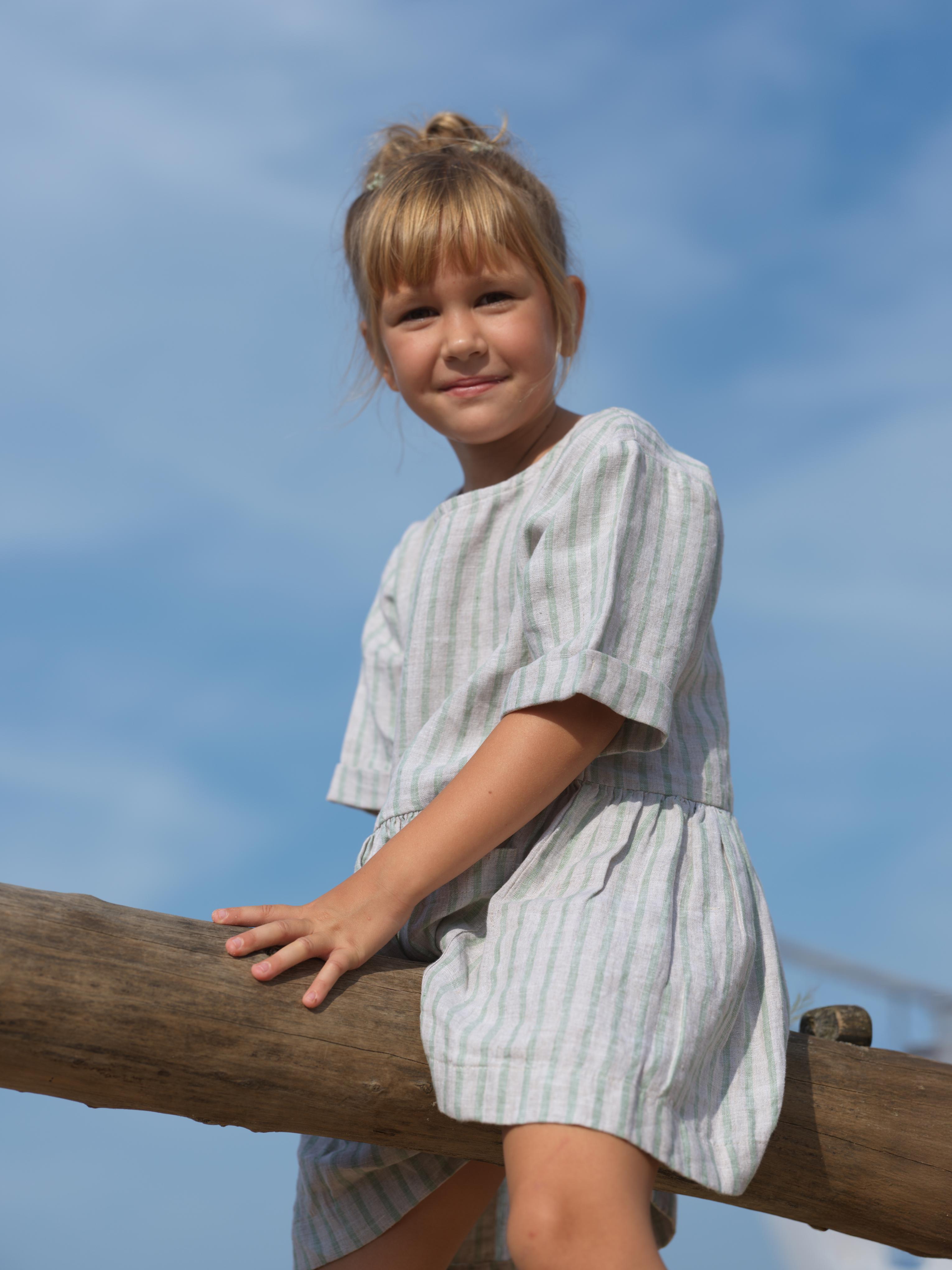 Girl Patch Pocket Drop Shoulder Dress Sage Pencil Stripe