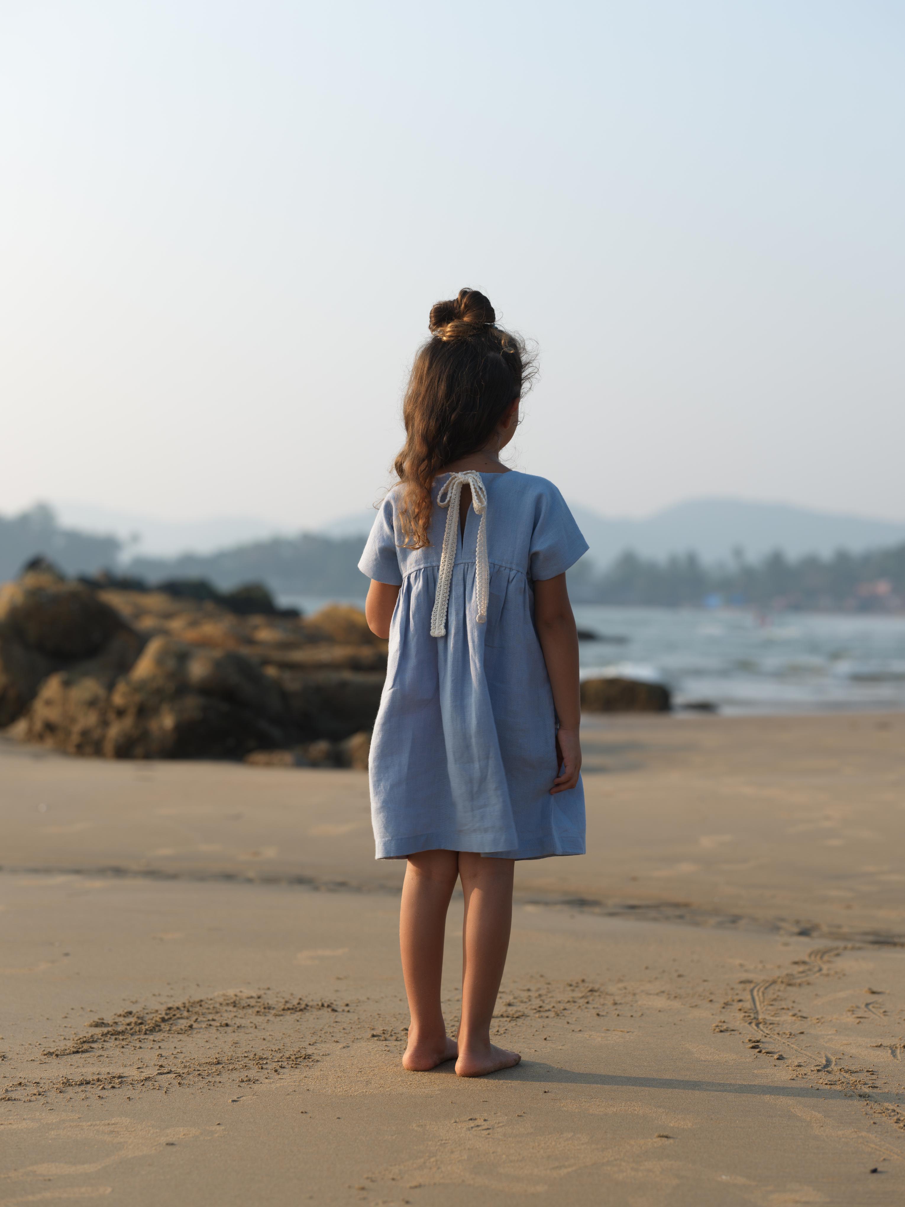 Girls Patch Pocket Tie-Back Dress Pacific Blue