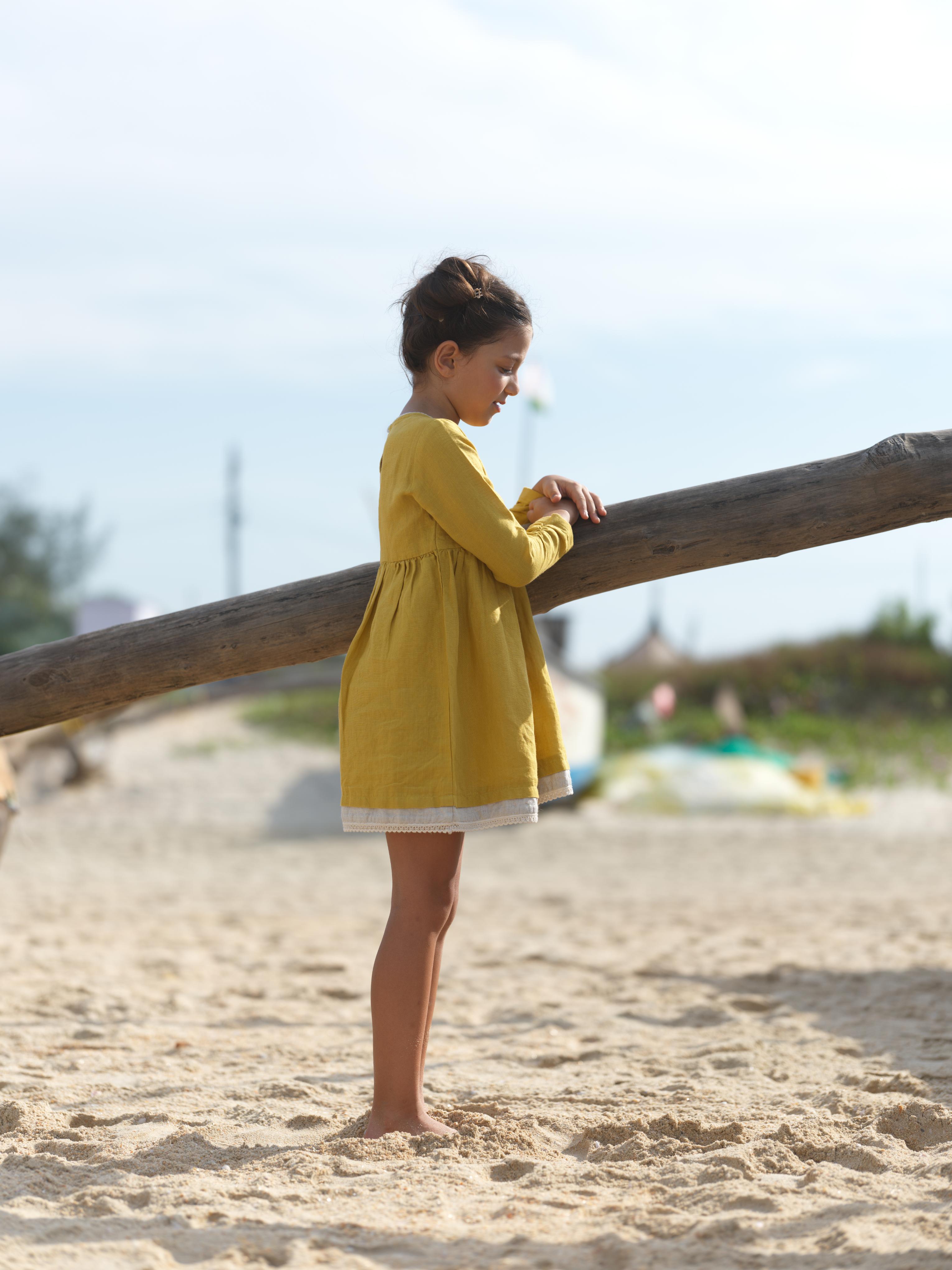 Girl Elastic Long Sleeve Dress Mustard