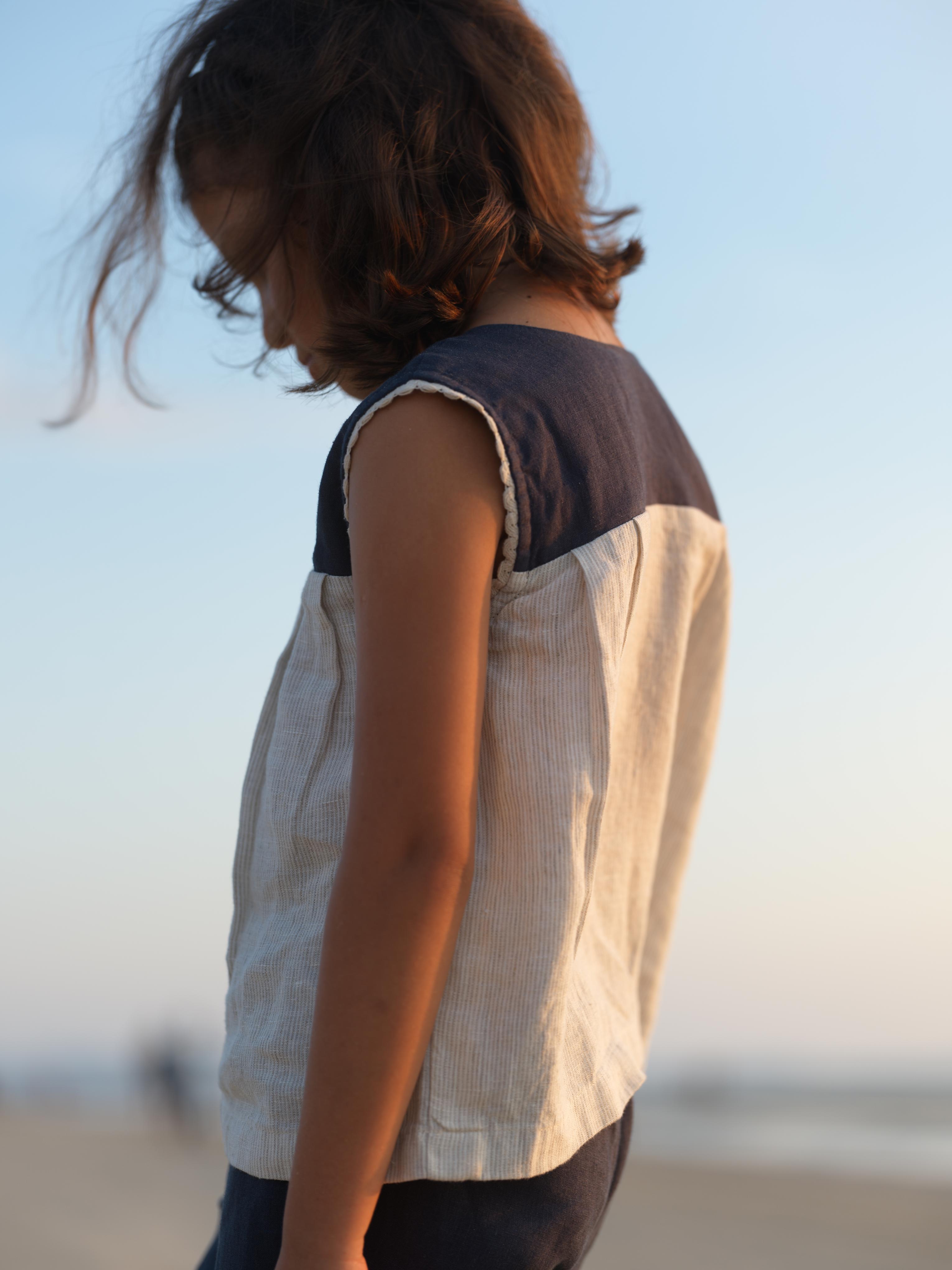 Girls Sleeveless Front Keyhole Top & Trousers Navy Blue / Fade Fine Stripe