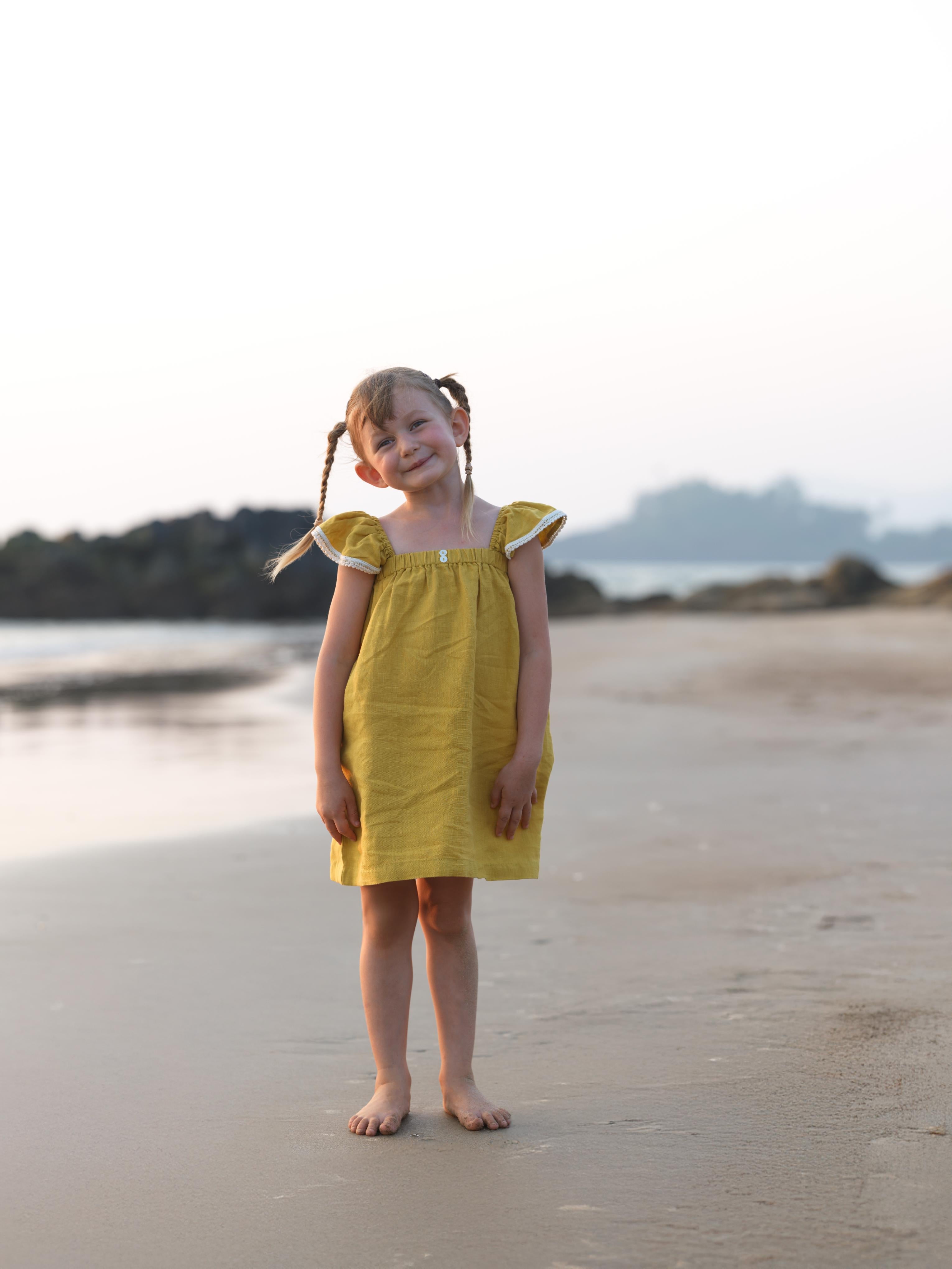 Girls Elasticated Flared Sleeve Dress Mustard
