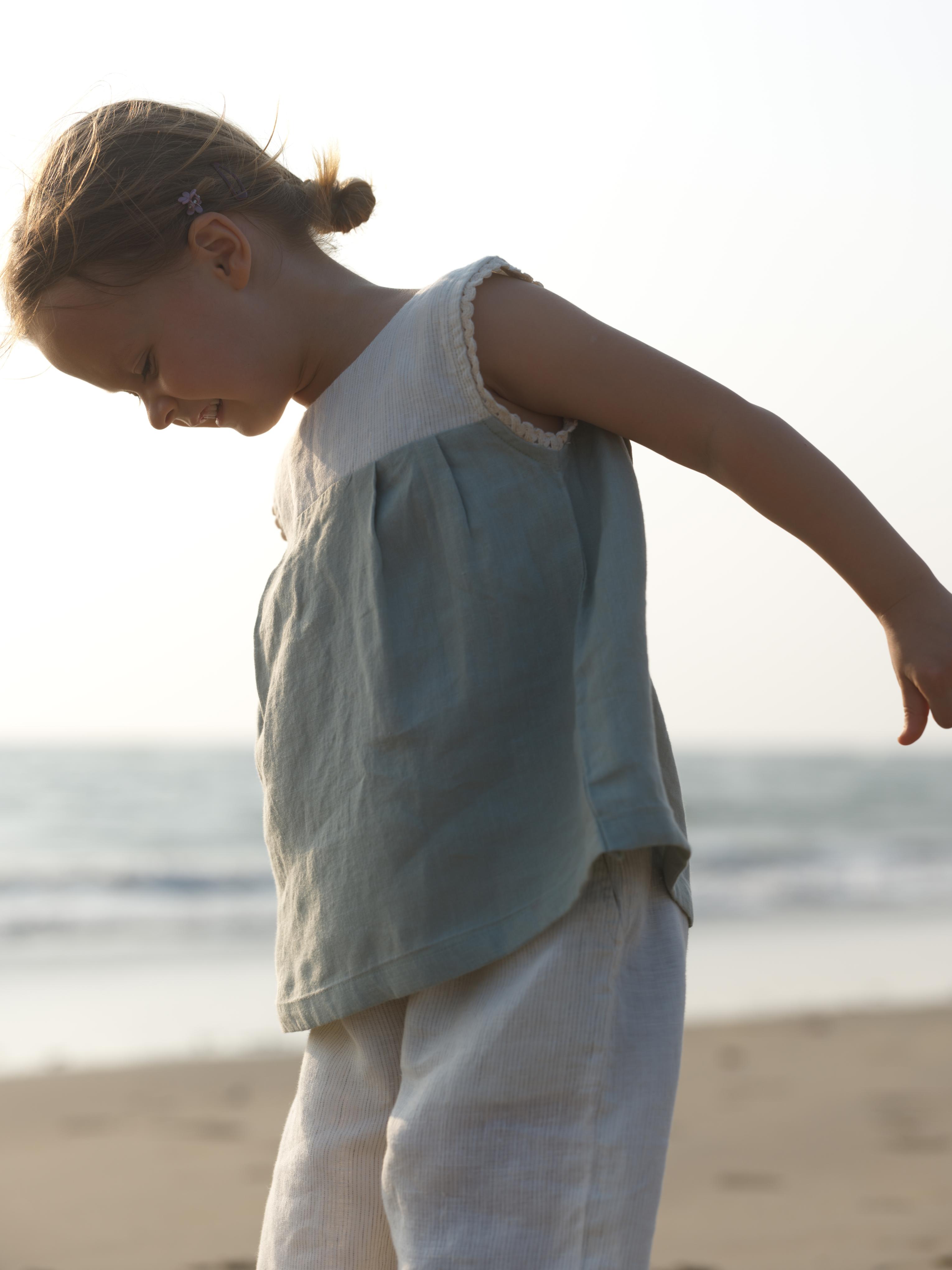 Girls Sleeveless Front Keyhole Top & Trousers Beige Hairline Stripe / Mint Green