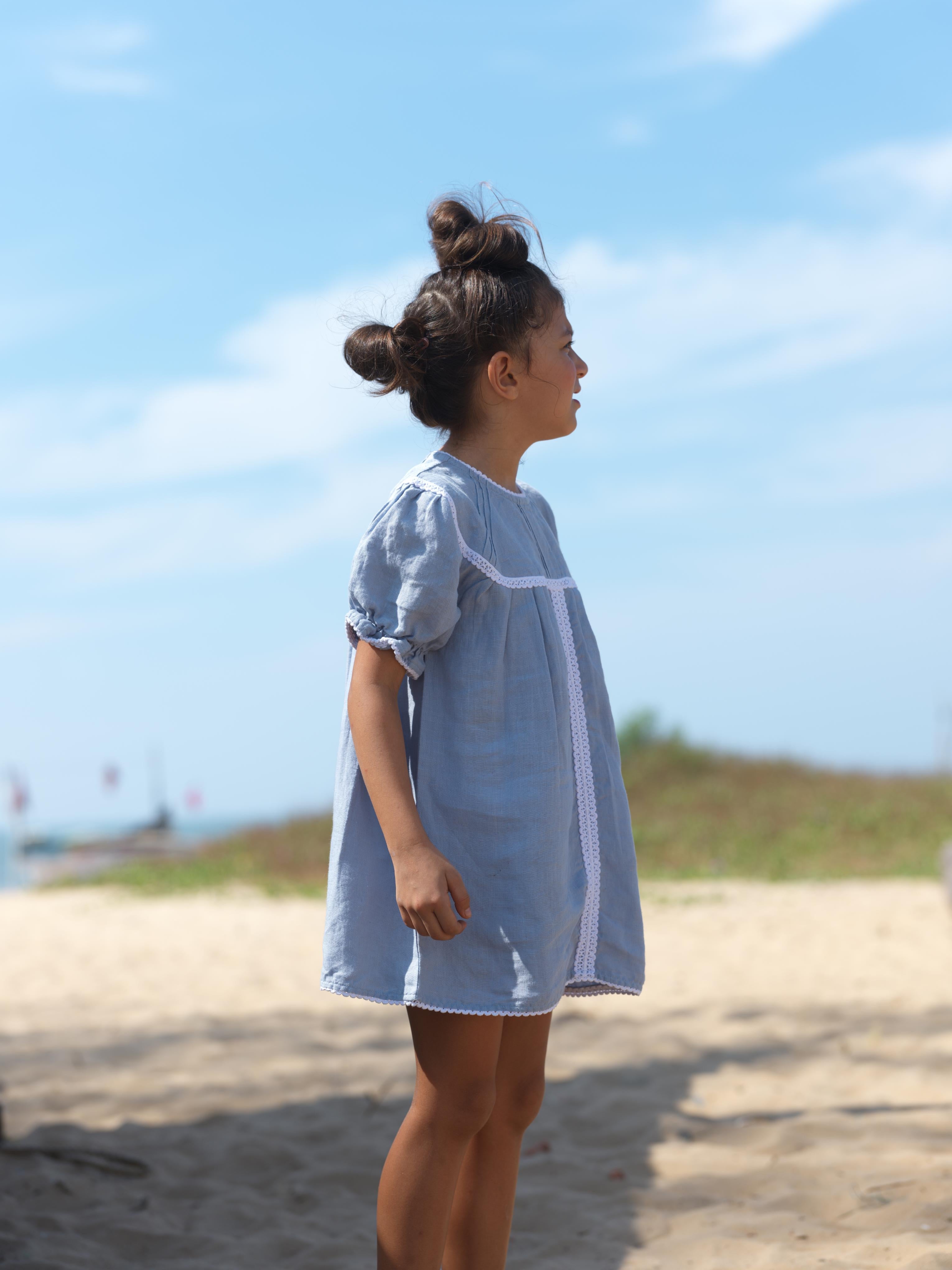 Girls Puff Sleeve Vintage Dress Pacific Blue