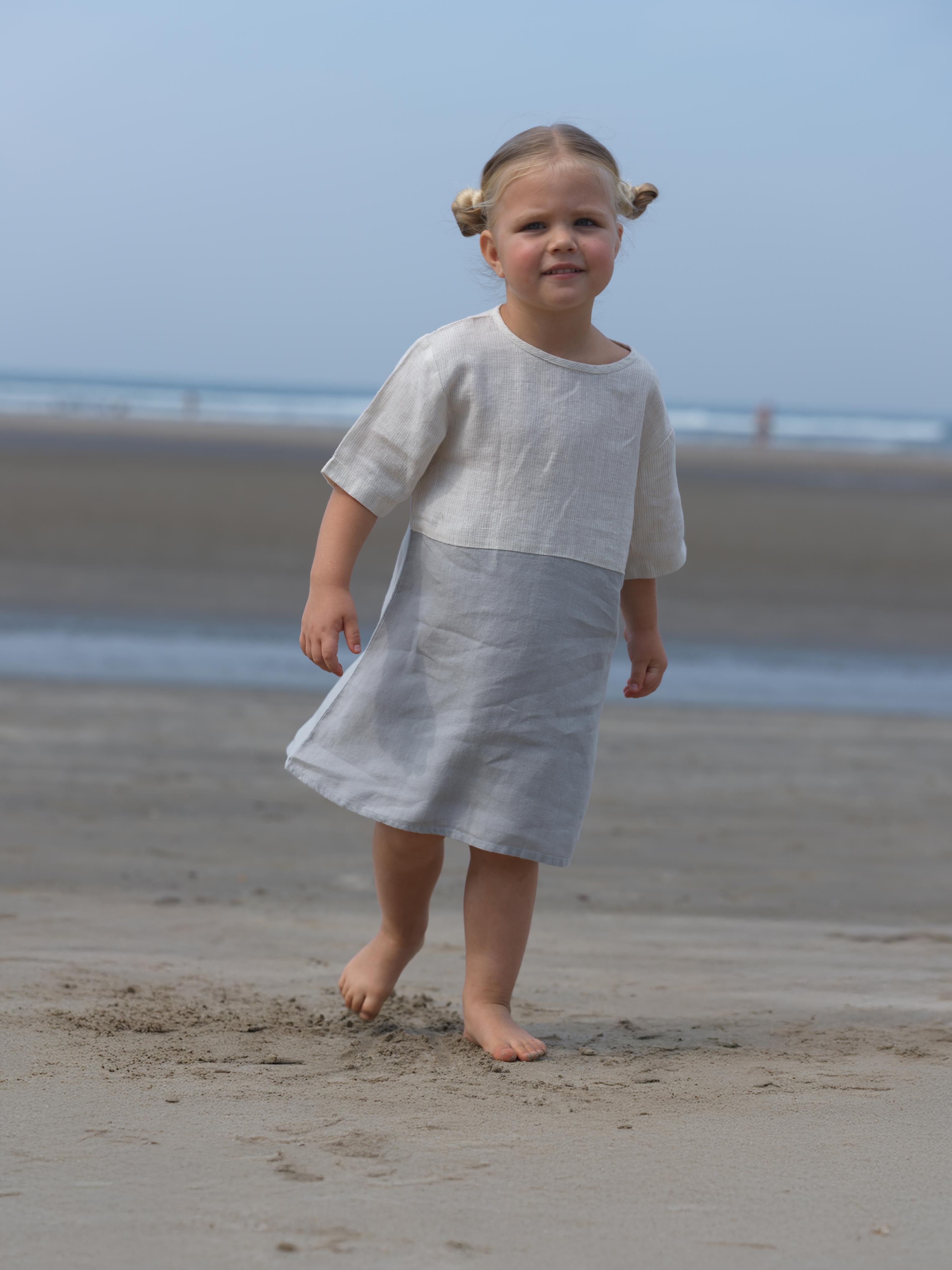 Girls Two Colour Casual Dress Beige Hairline Stripe / Cloud Grey