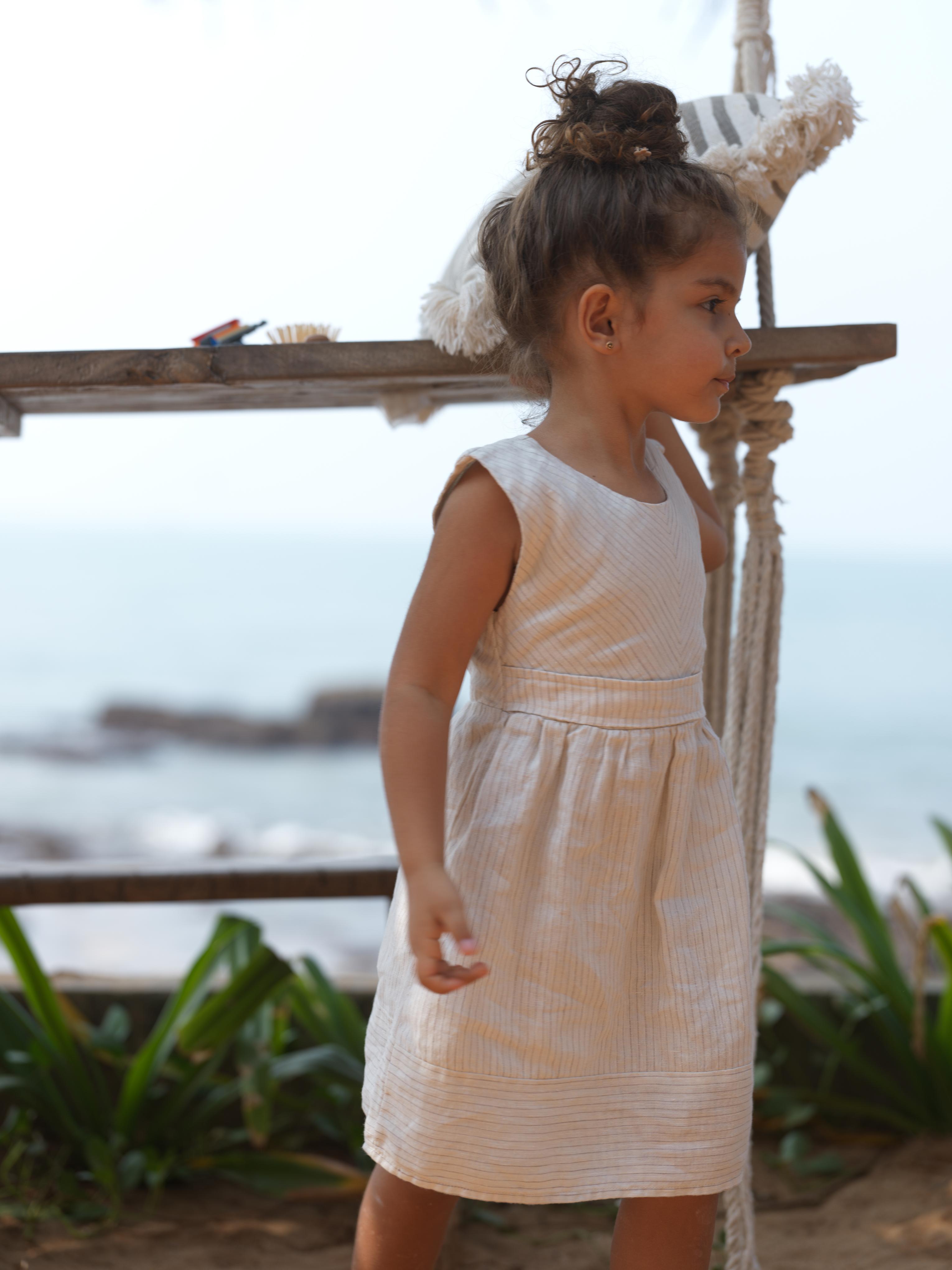 Girls Round Neck Back Opening Dress Beige Lines