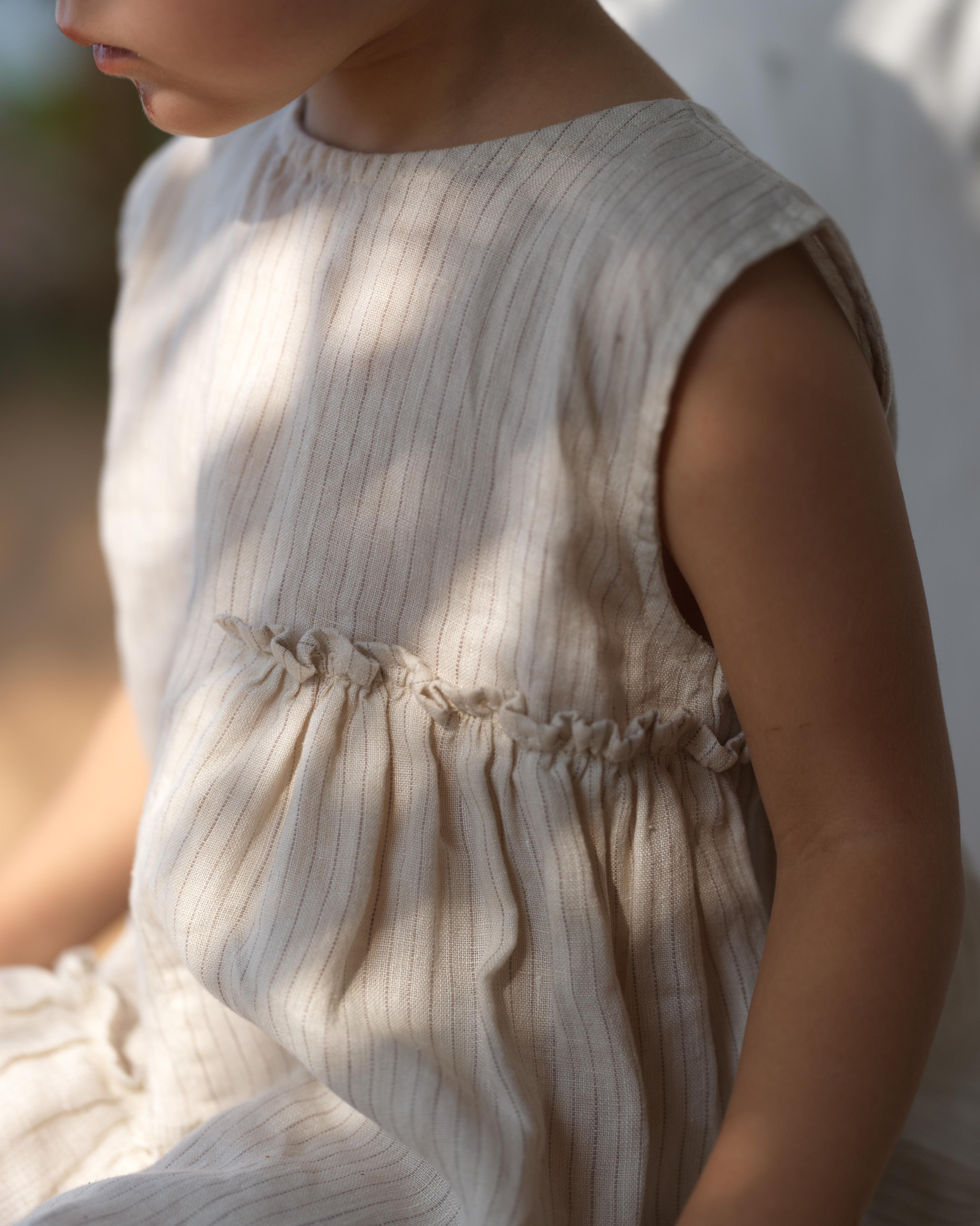 Girls Sleeveless Gathered Dress Beige Lines / Fade Fine Stripe