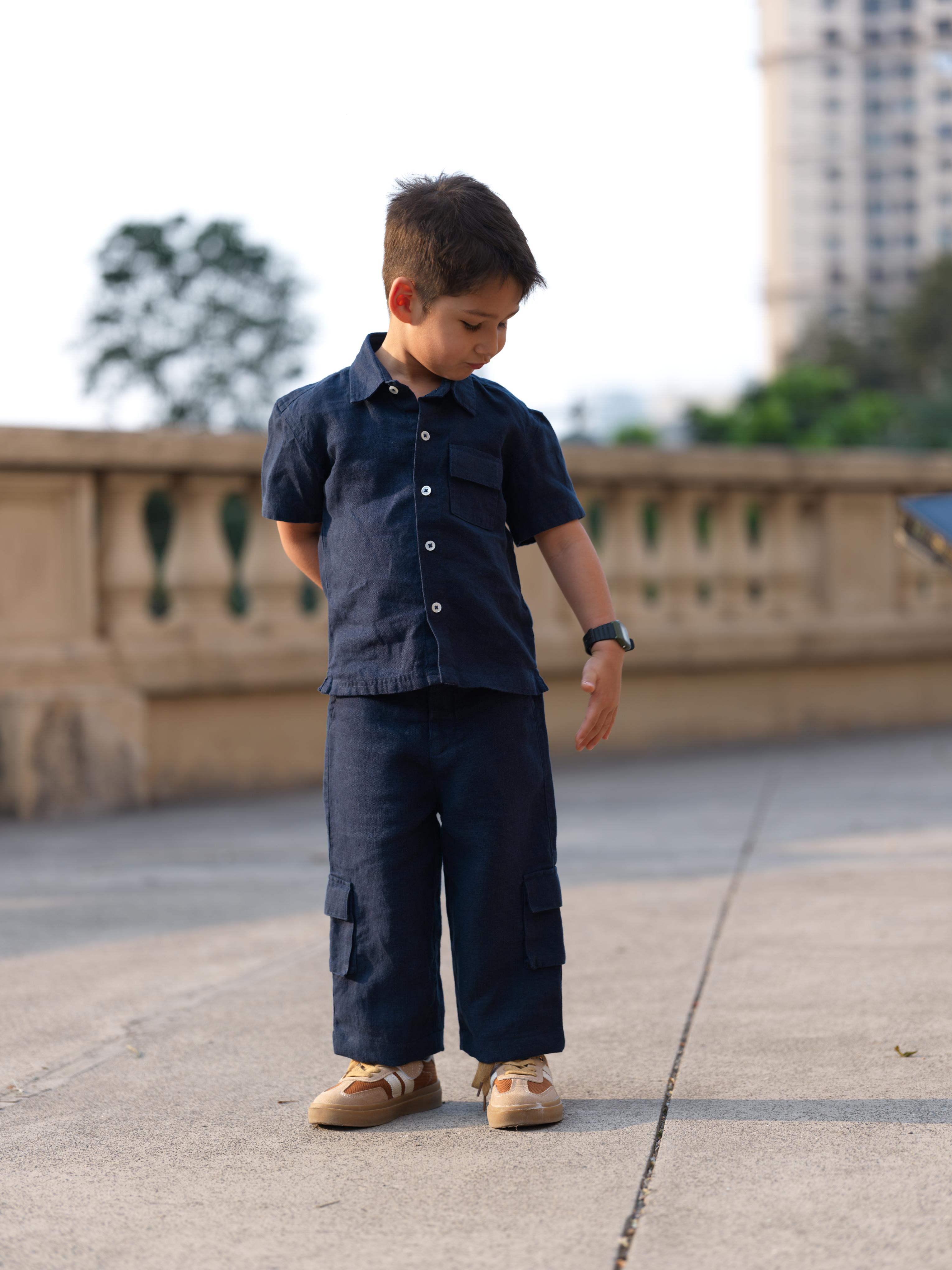 Boys Half-Sleeve Shirt & Cargo Trousers Co-Ord Navy Blue
