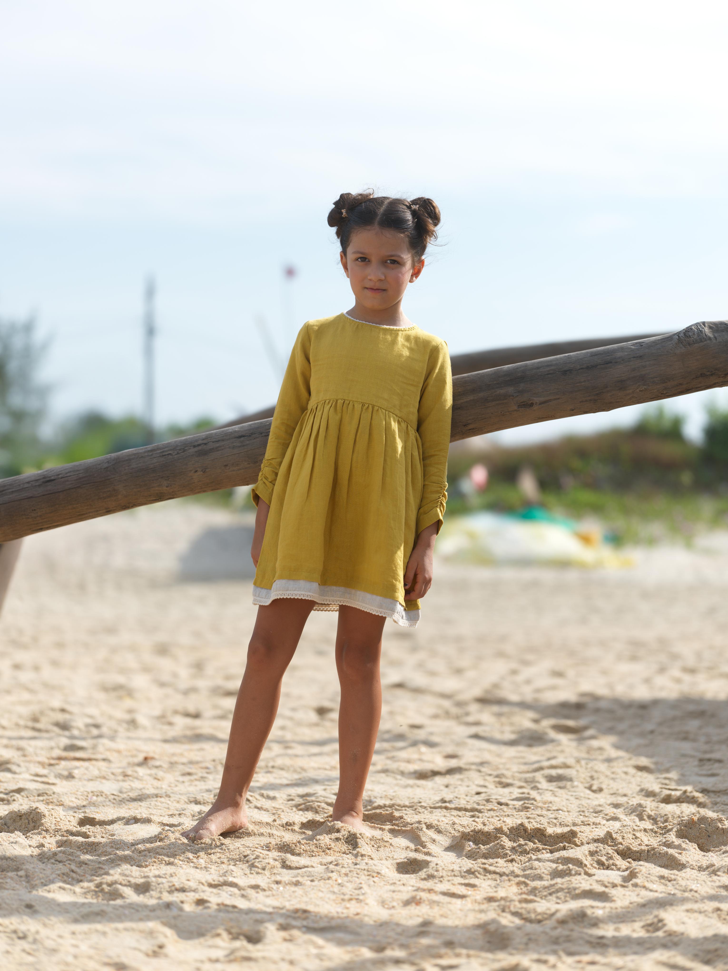 Girl Elastic Long Sleeve Dress Mustard