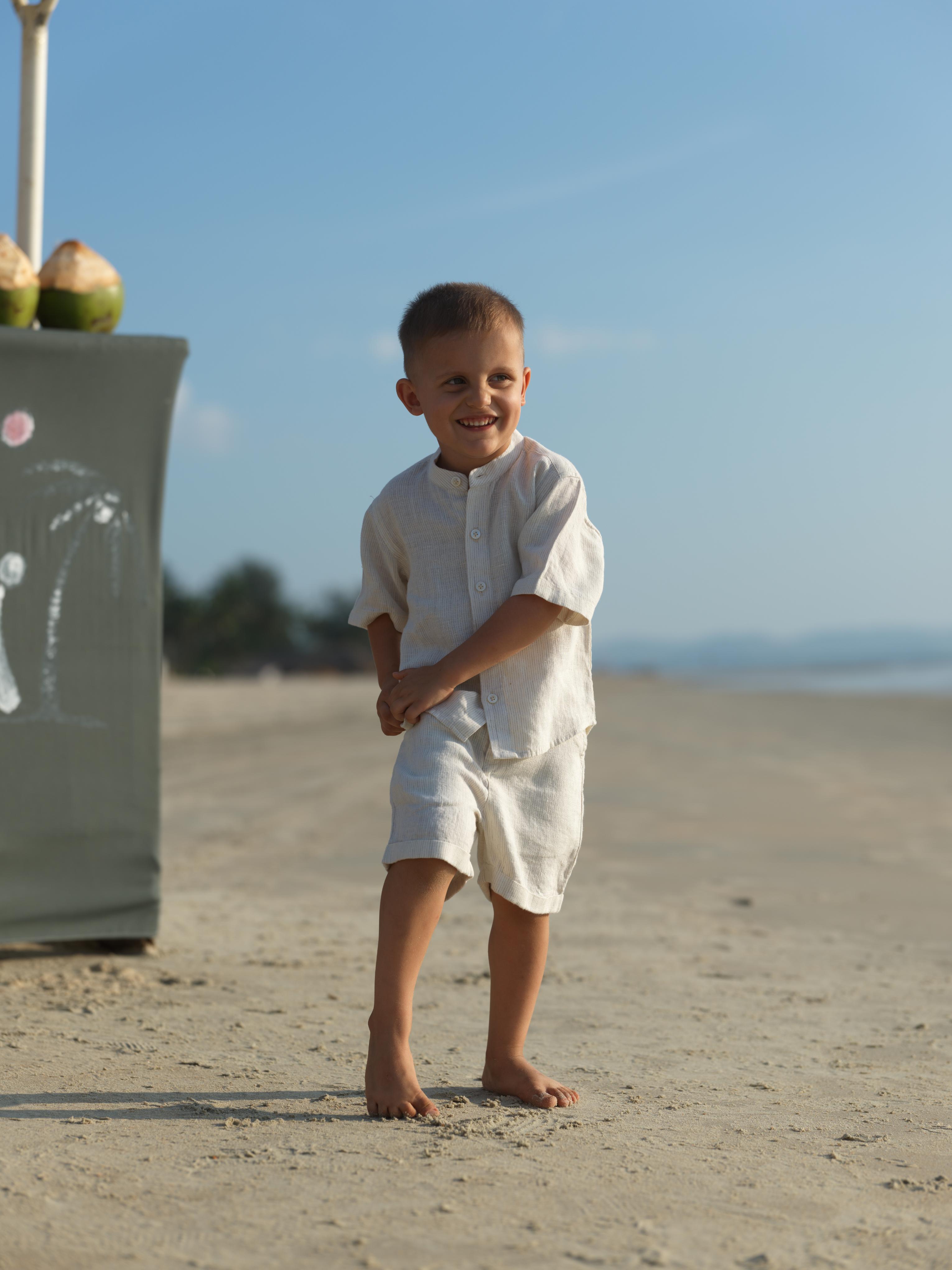 Boys Mandarin Collar Shirt & Shorts Co-Ord Beige