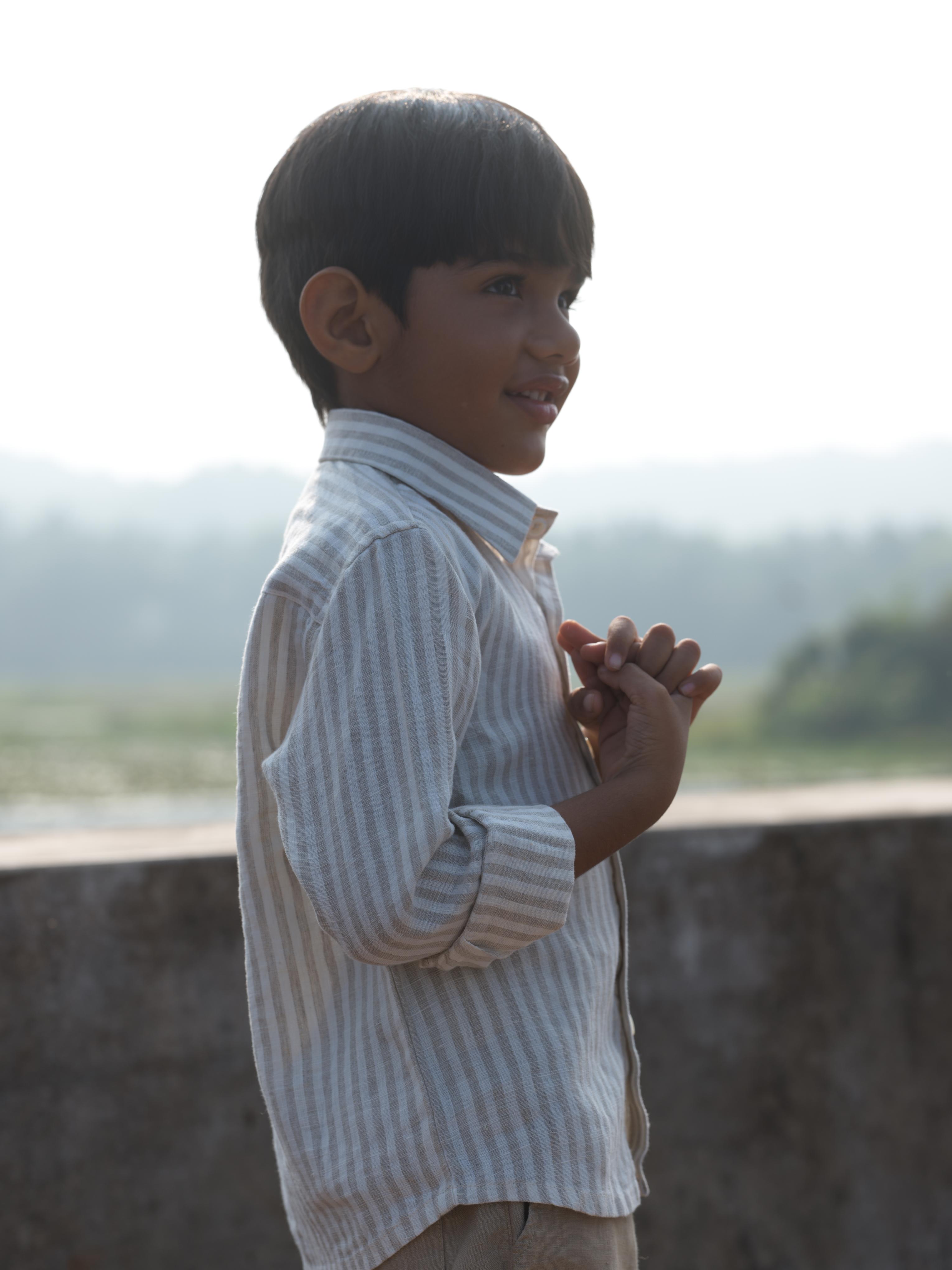 Boys Regular Collar Shirt Beige Stripe