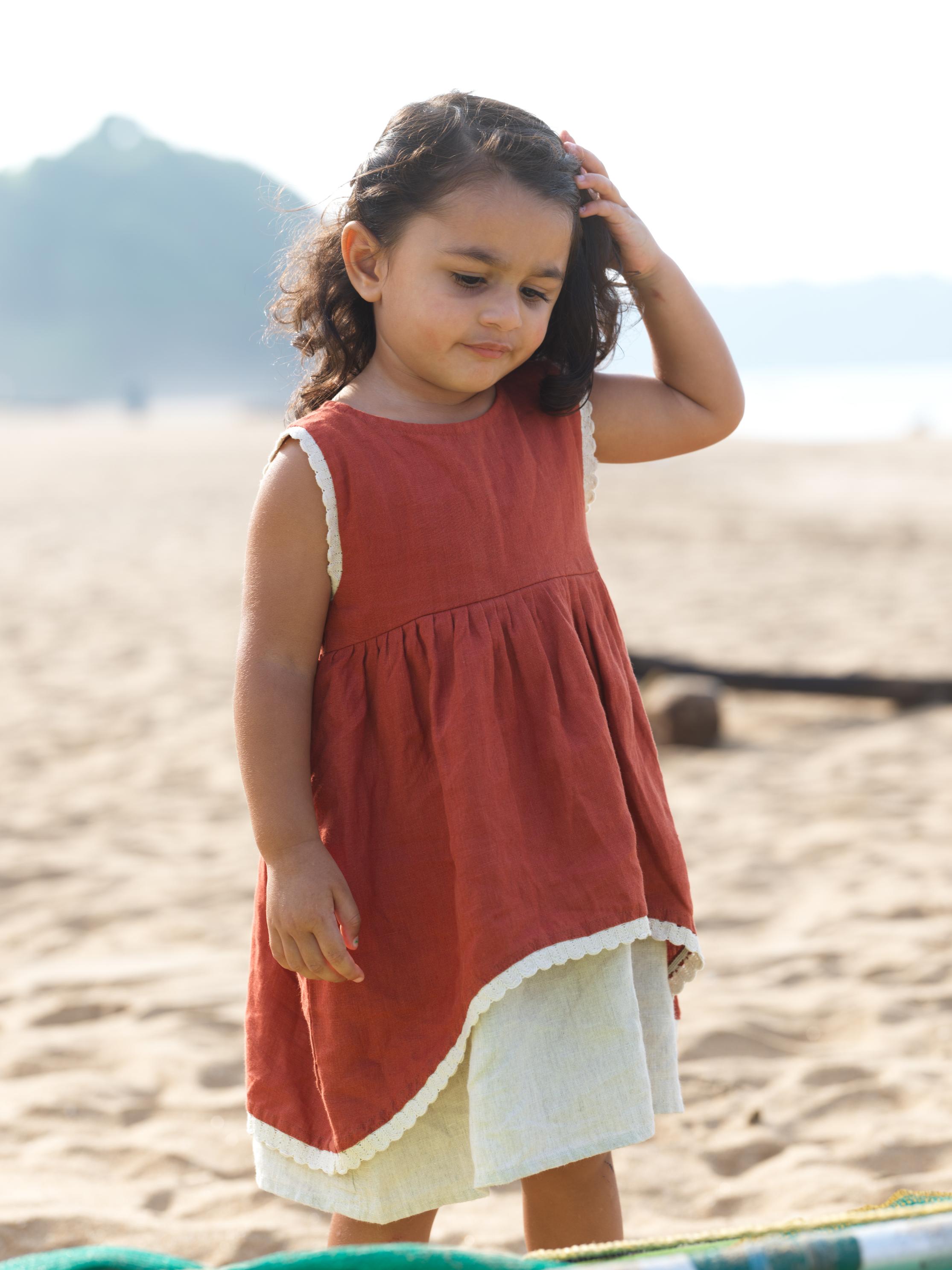 Girls Two Layer Sleeveless Dress Chestnut / Cookie Cream