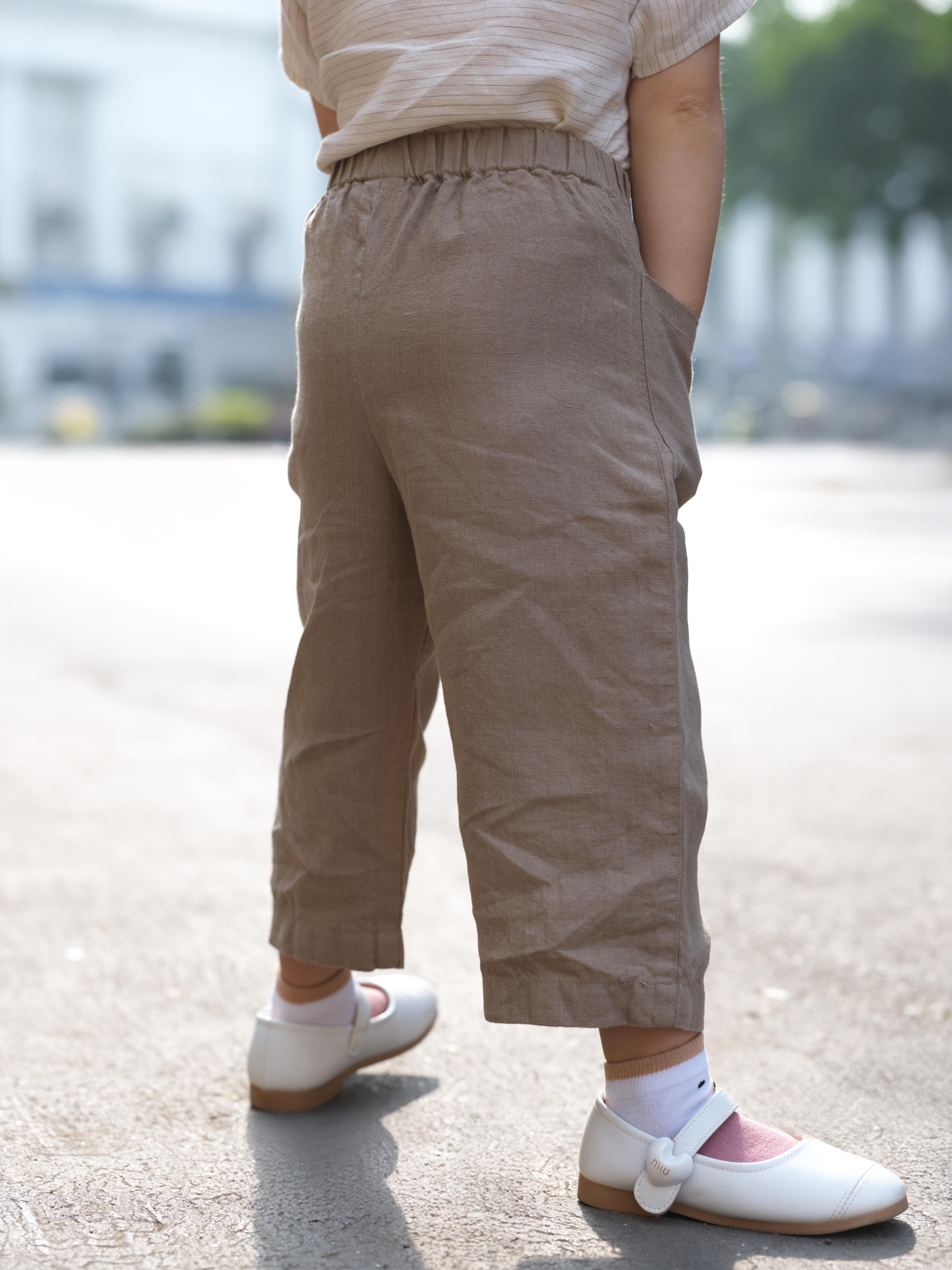 Girls Round Shoulder Top & Patch pocket Trousers Co-Ord set Beige Lines / Vintage Khaki