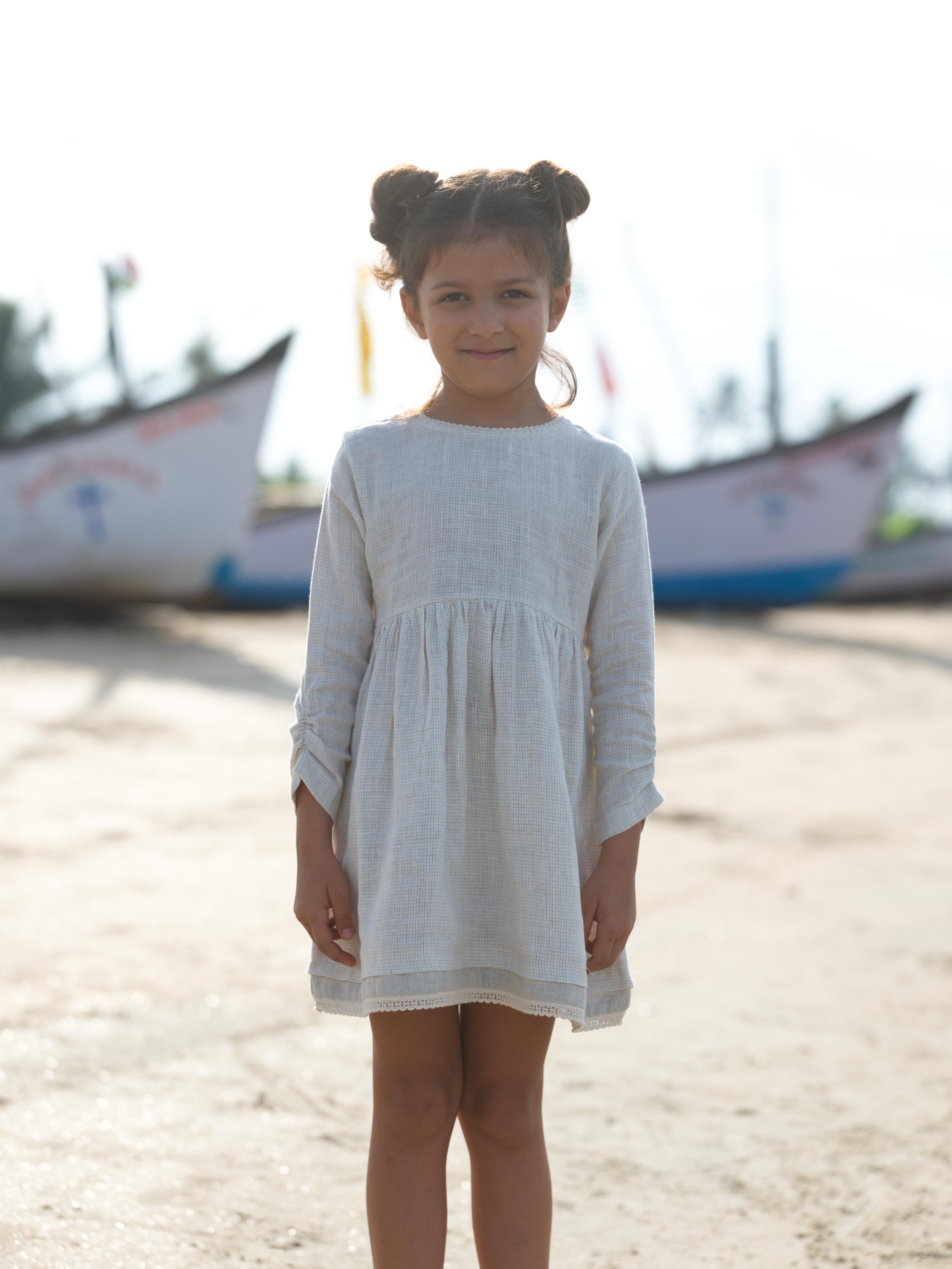 Girl Elastic Long Sleeve Dress Ivory Check