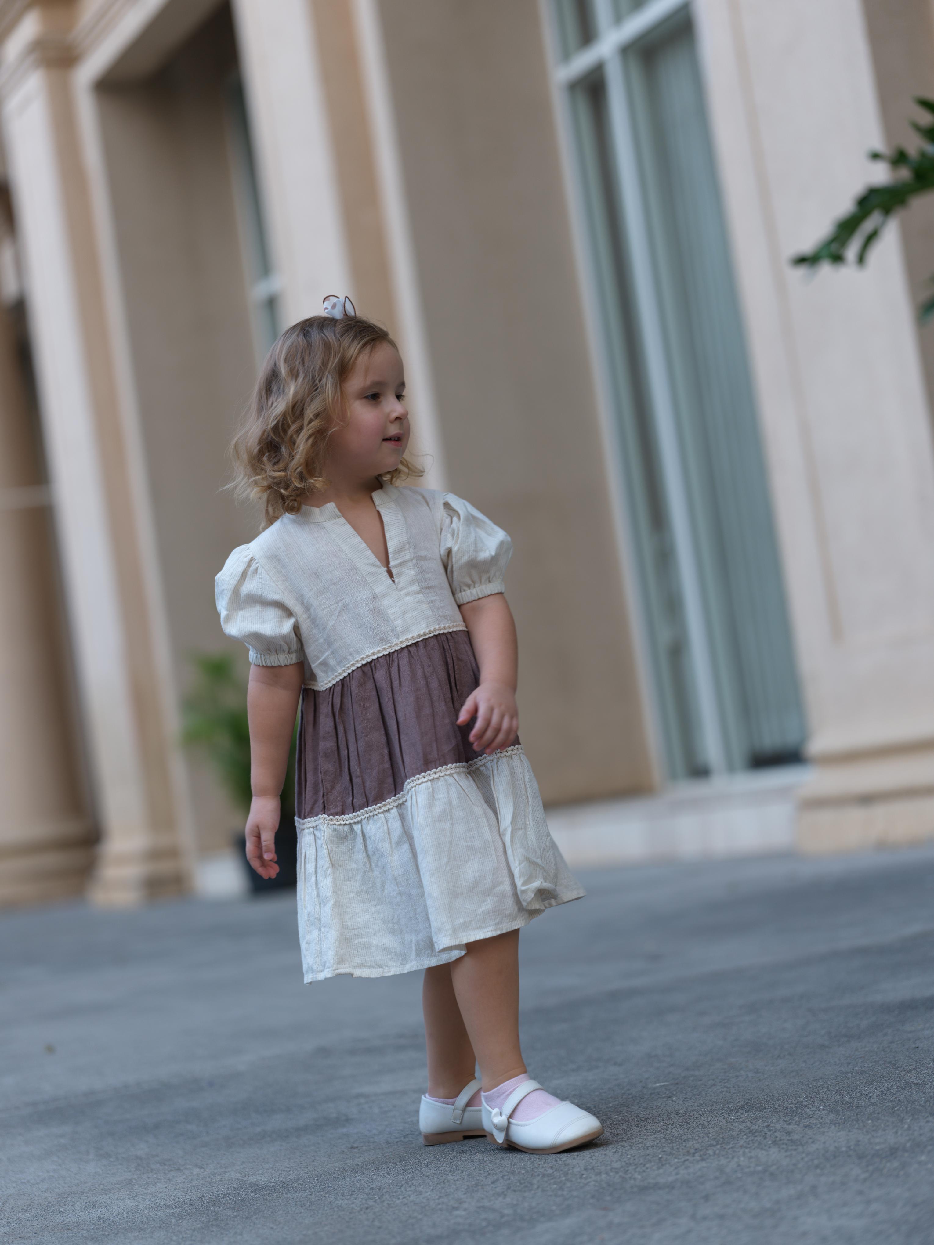 Girls 3 Tier V-Neck Dress Beige Hairline Stripe / Brown