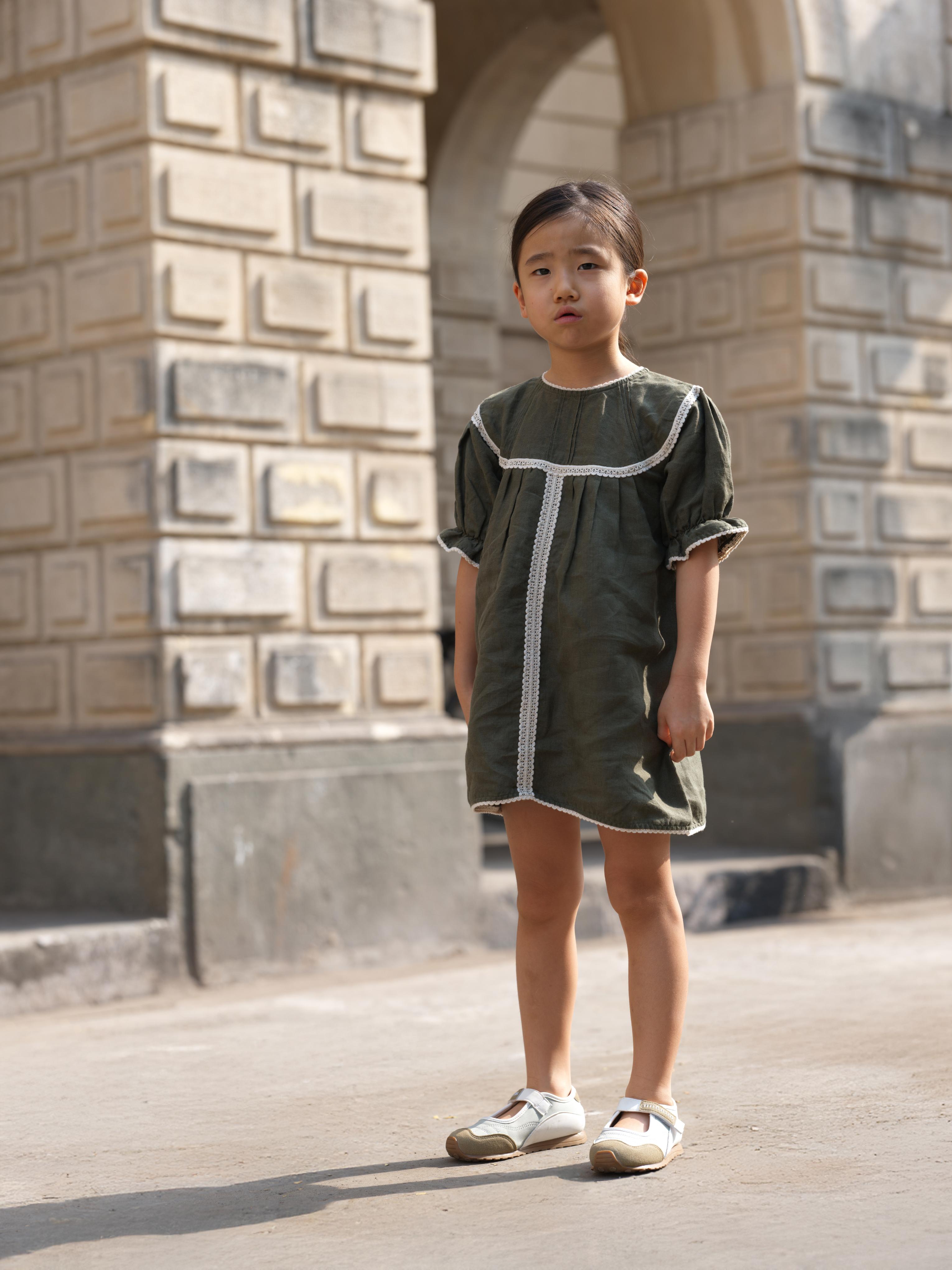 Girls Puff Sleeve Vintage Dress Crocodile Green