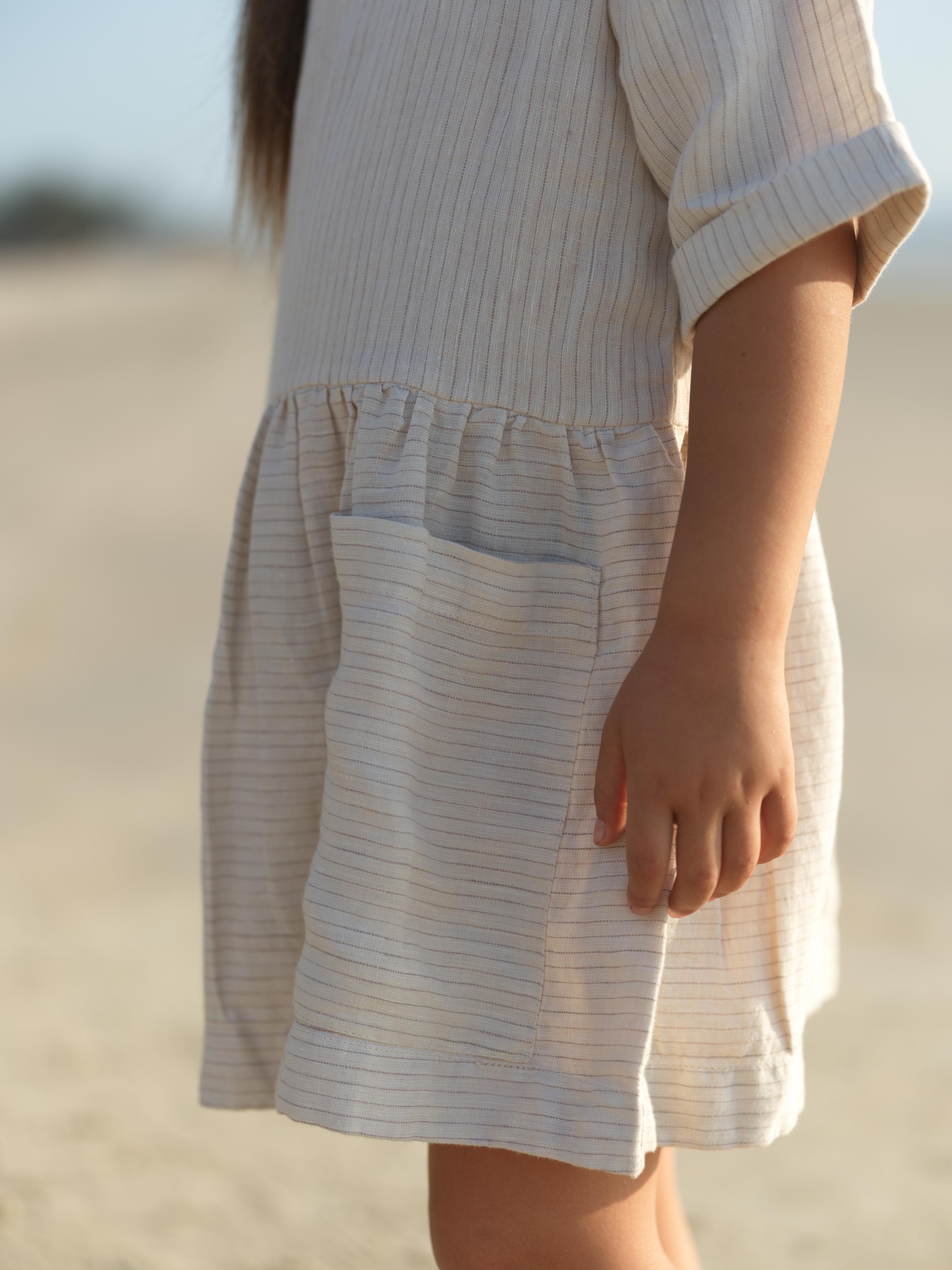 Girl Patch Pocket Drop Shoulder Dress Beige Lines