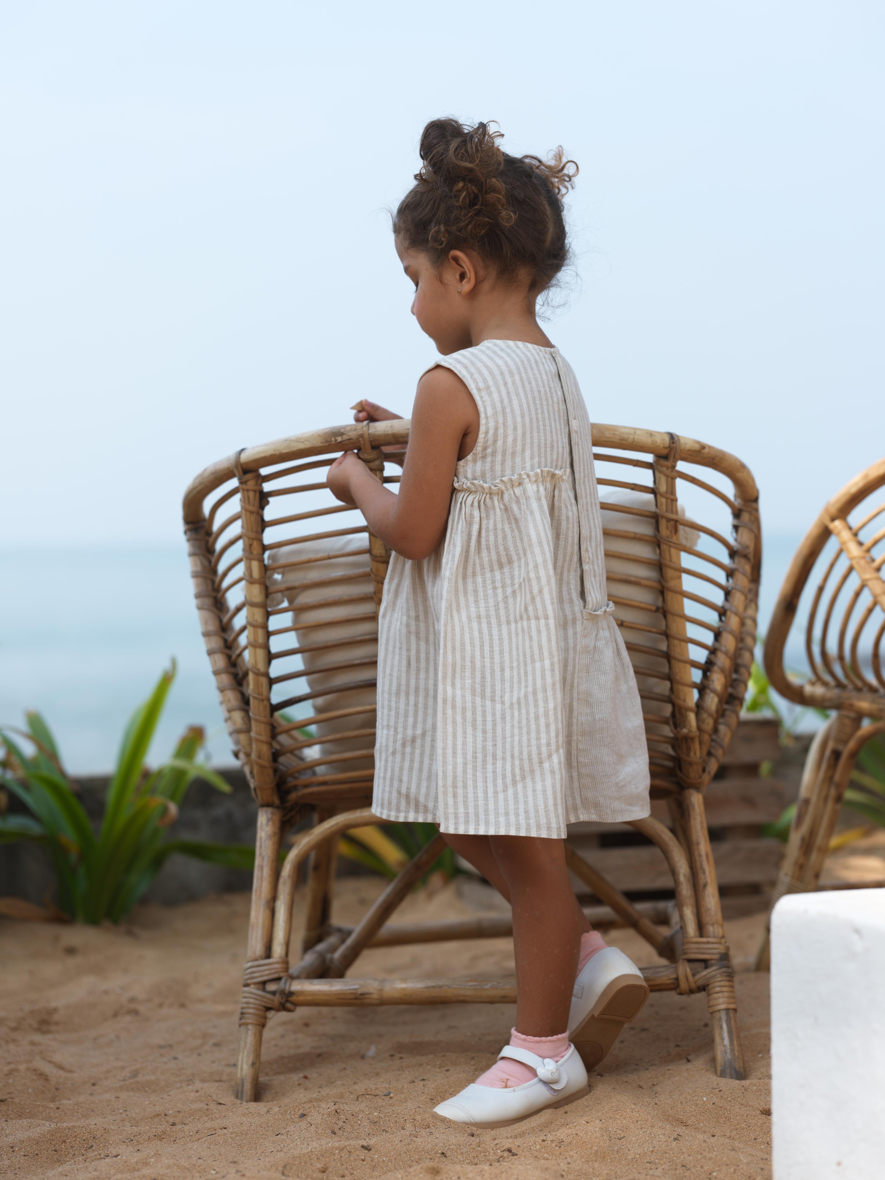 Girls Sleeveless Gathered Dress Beige Stripes / Fade Fine Stripe