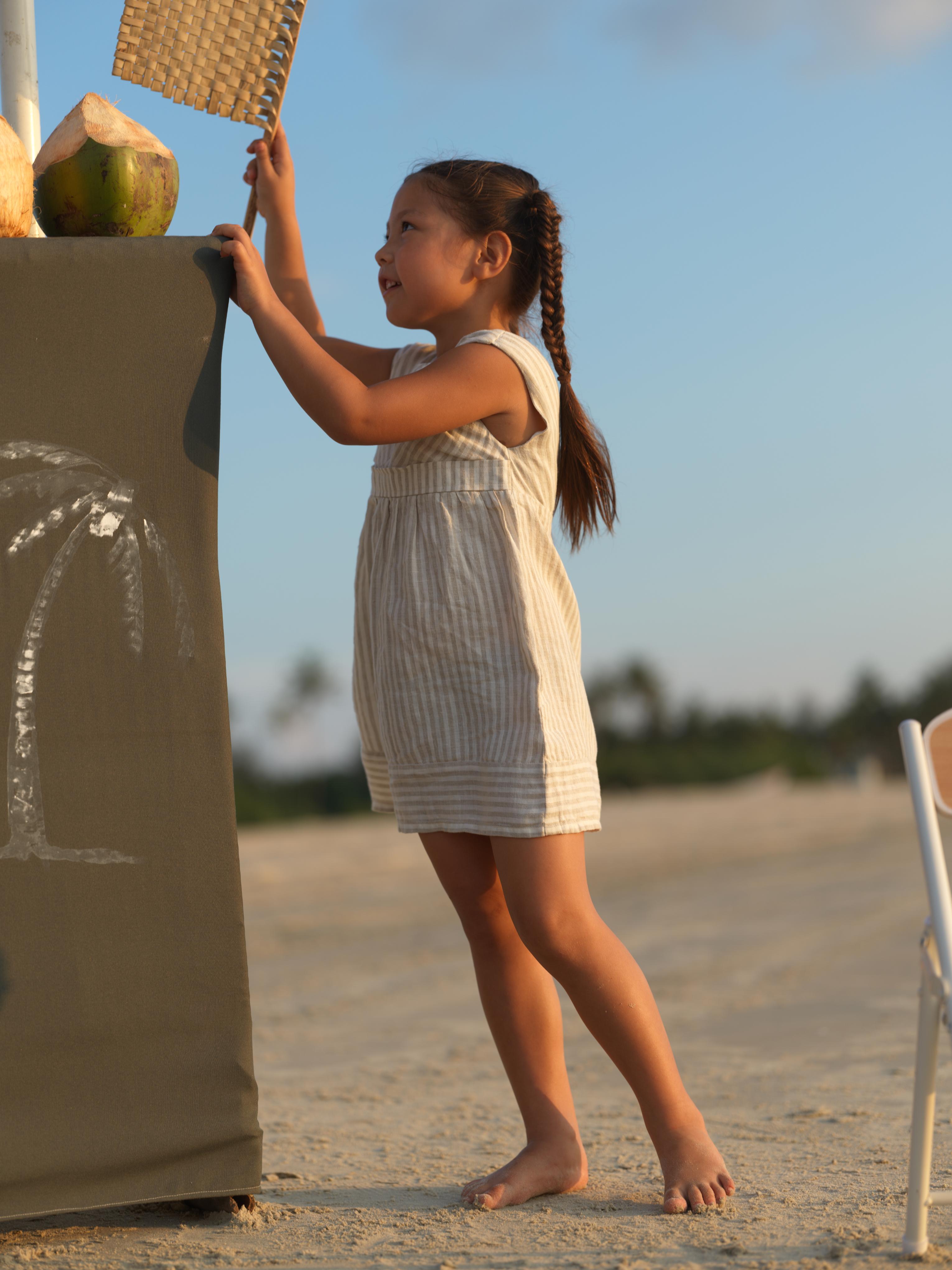 Girls Round Neck Back Opening DressBeige Stripes