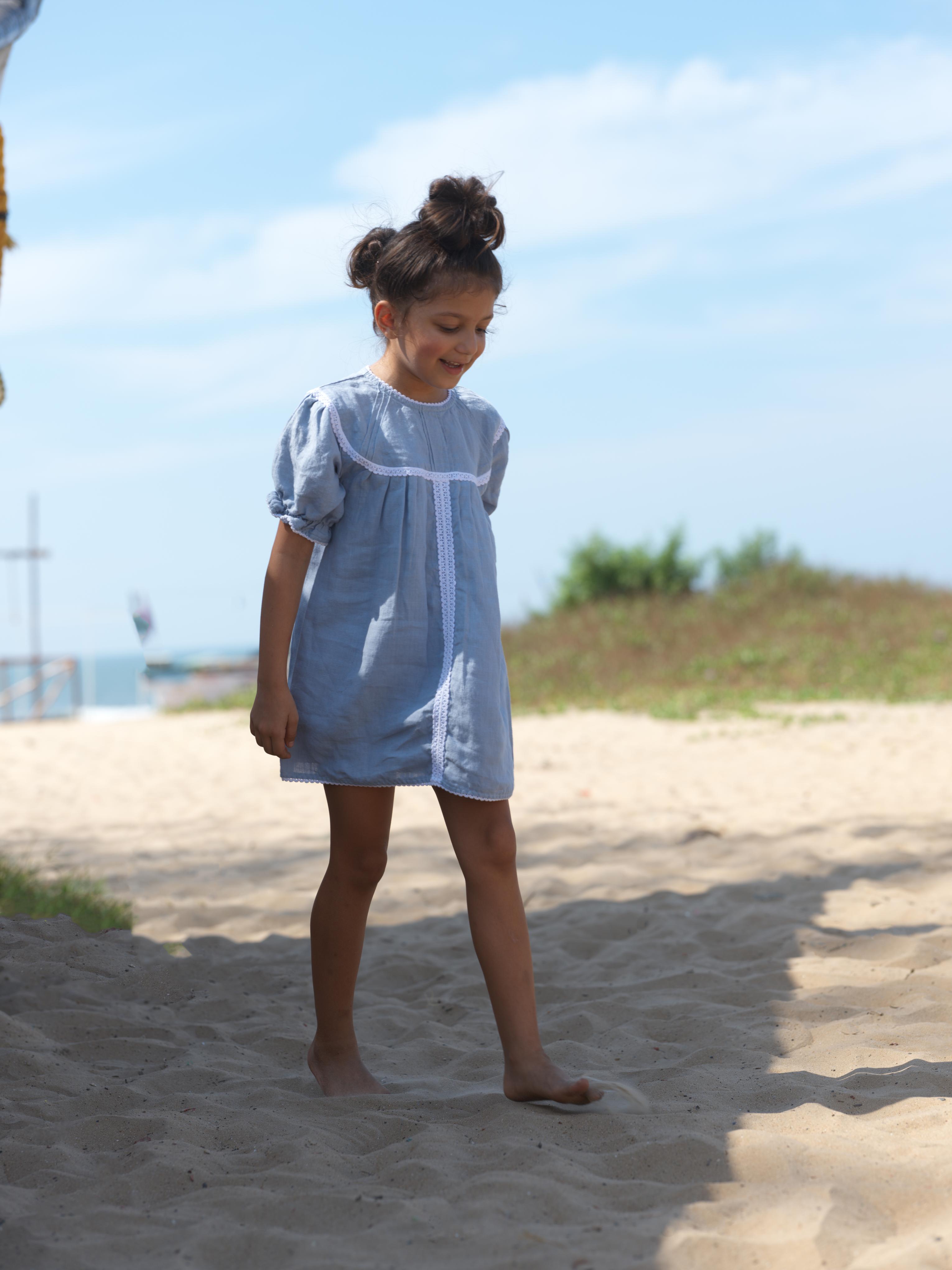 Girls Puff Sleeve Vintage Dress Pacific Blue