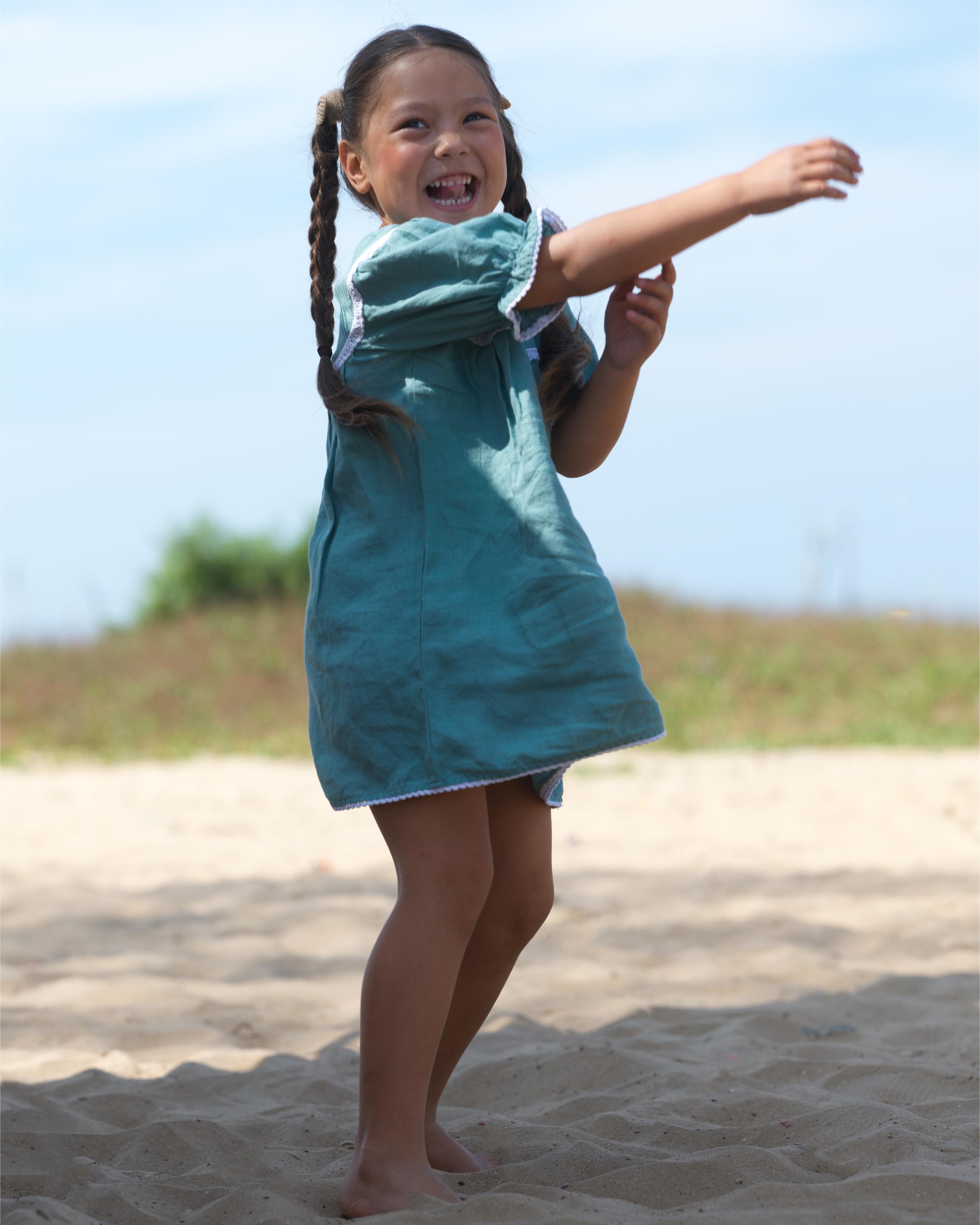 Girls Puff Sleeve Vintage Dress Pine Green