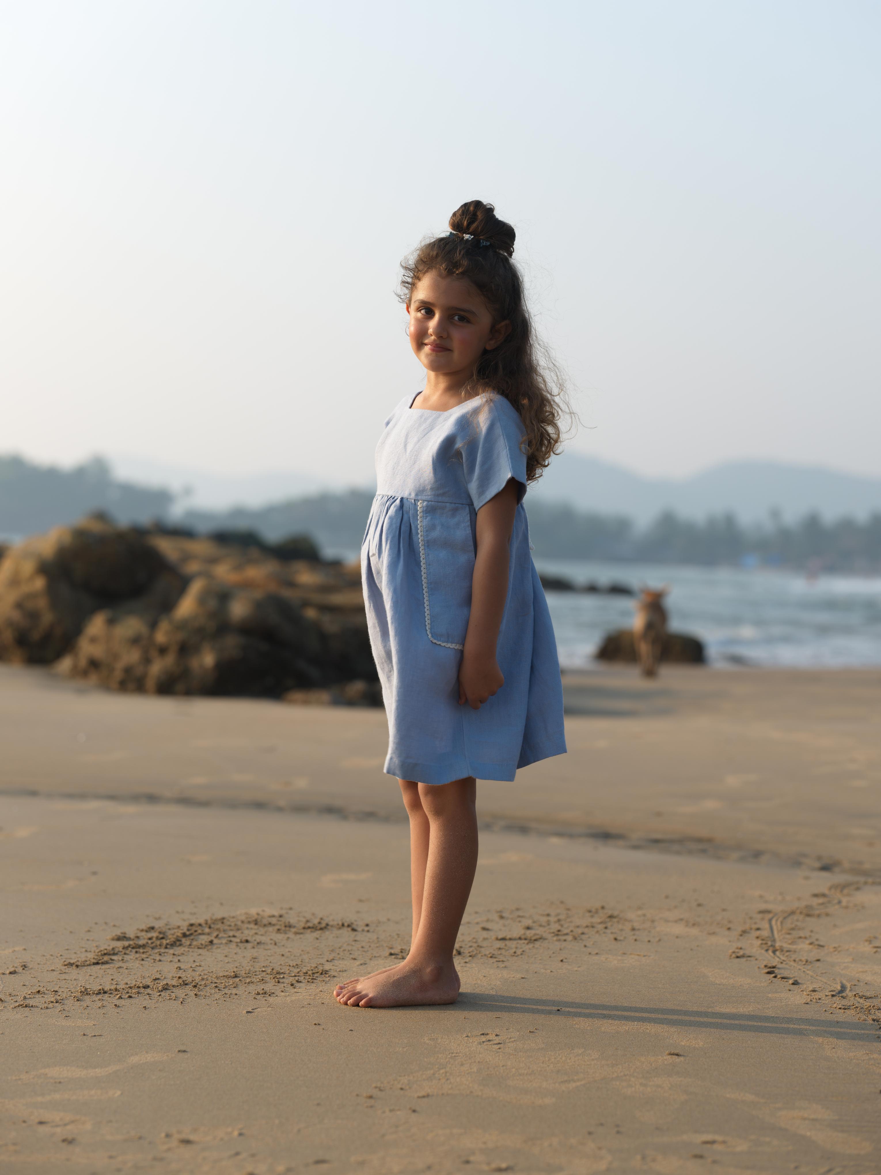 Girls Patch Pocket Tie-Back Dress Pacific Blue