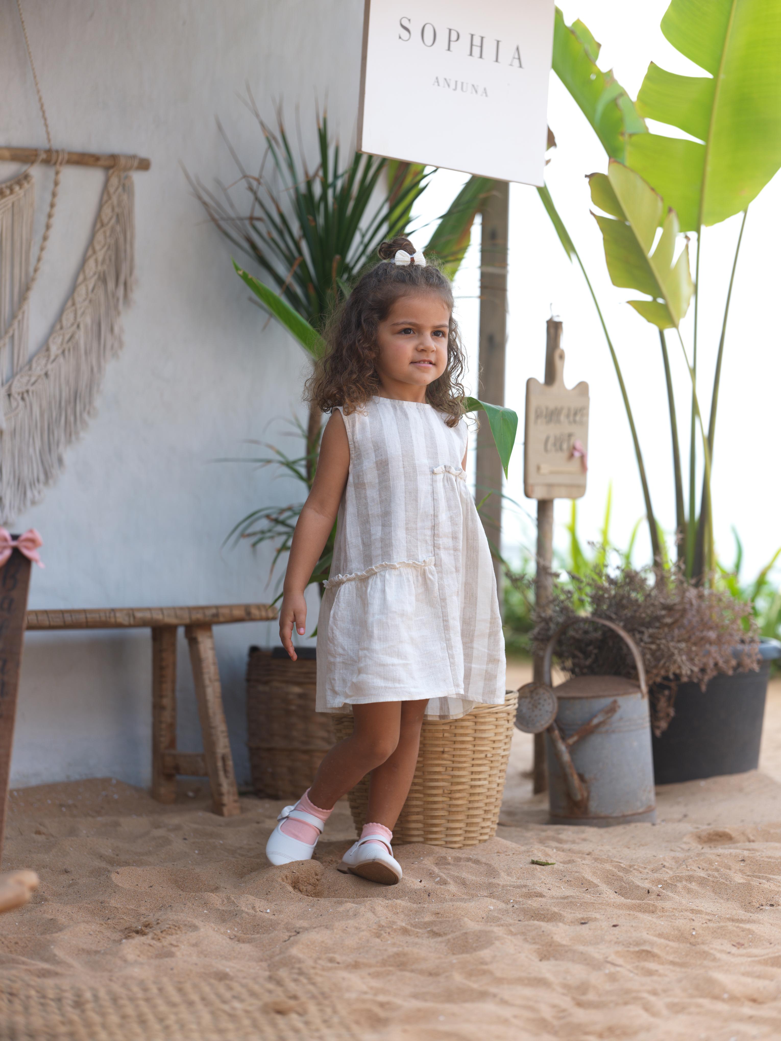 Girls Sleeveless Gathered Dress Beige Cabana Stripe / Beige Hairline Stripe