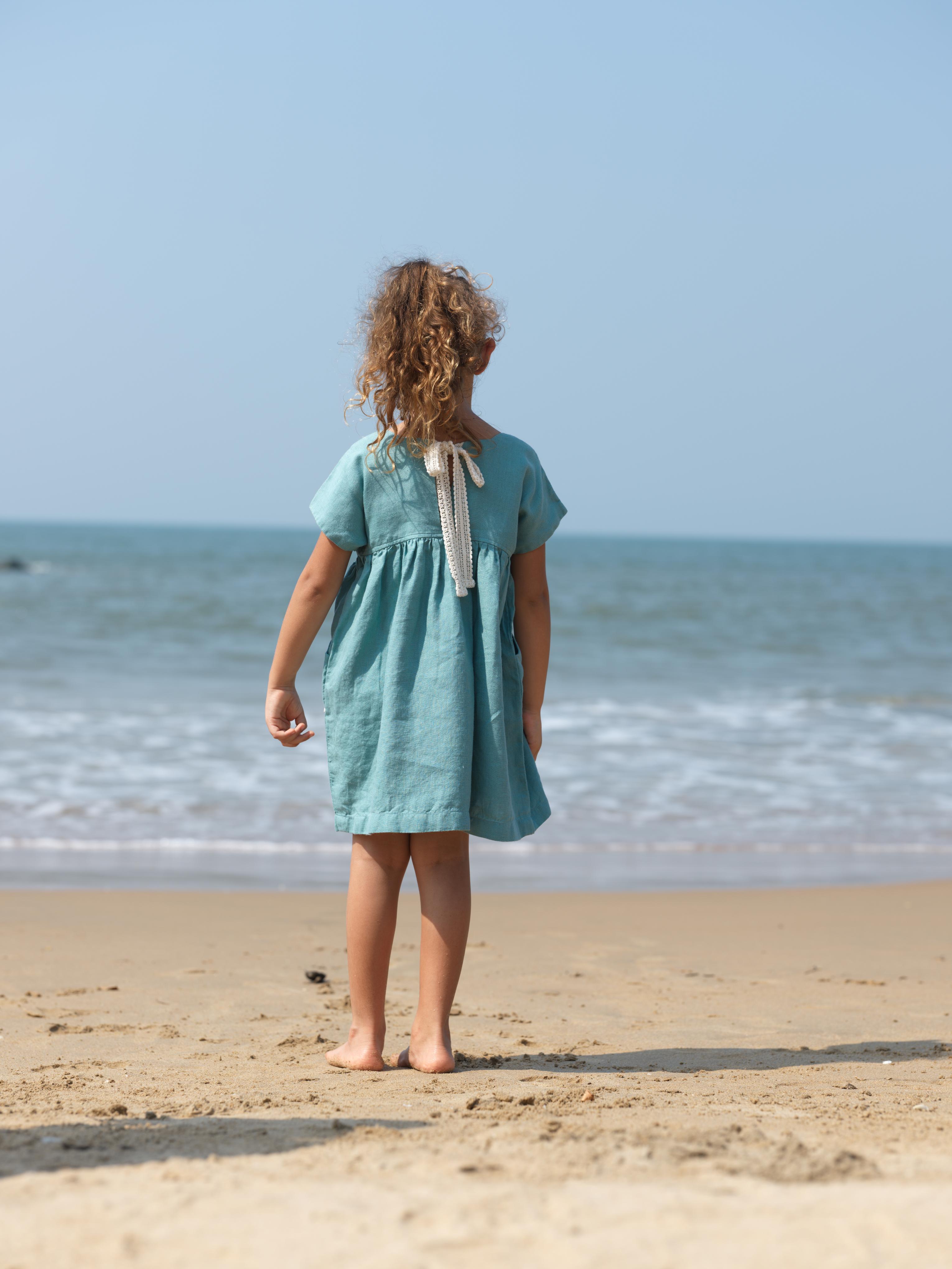 Girls Patch Pocket Tie-Back Dress Pine Green