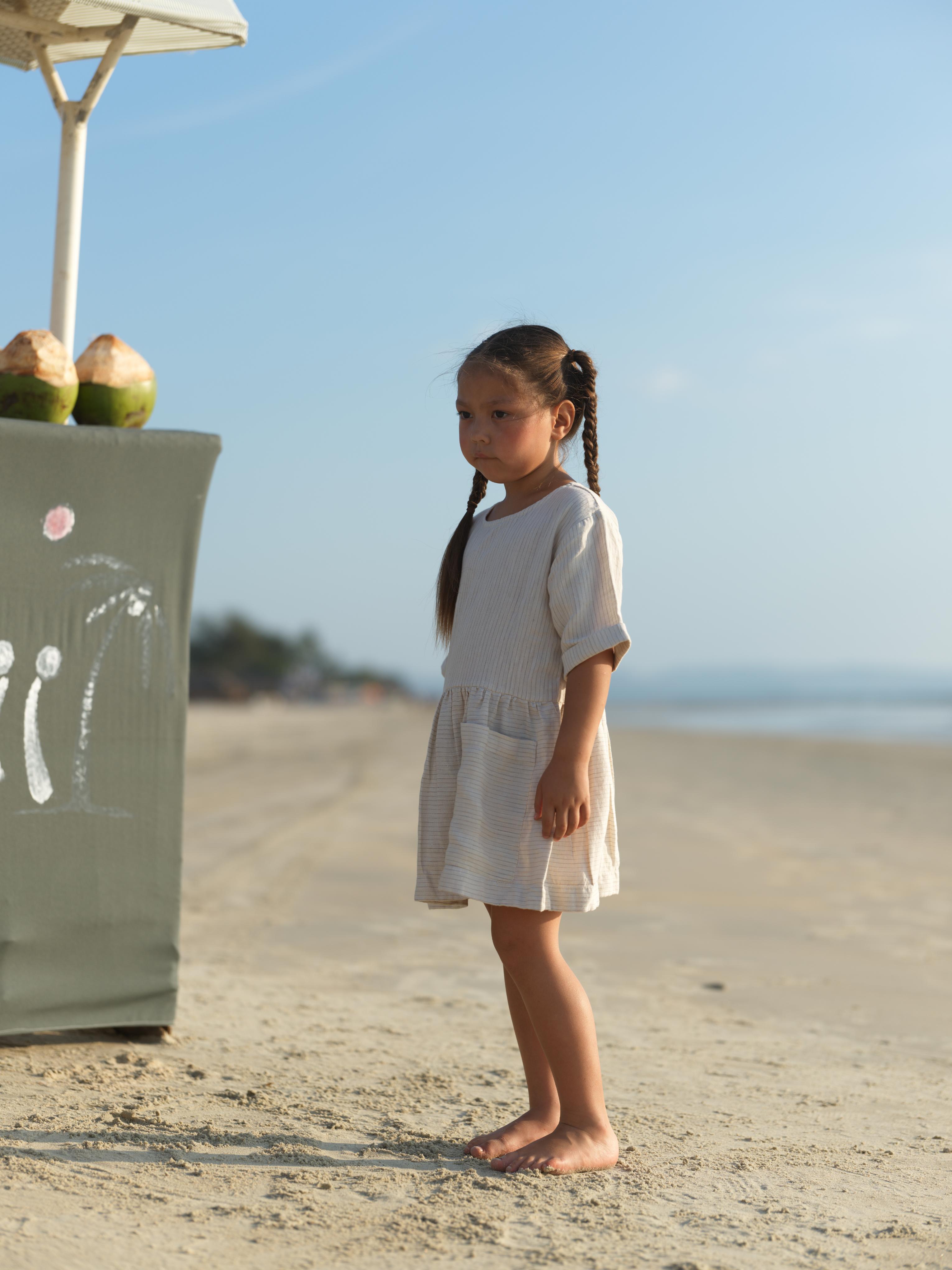 Girl Patch Pocket Drop Shoulder Dress Beige Lines