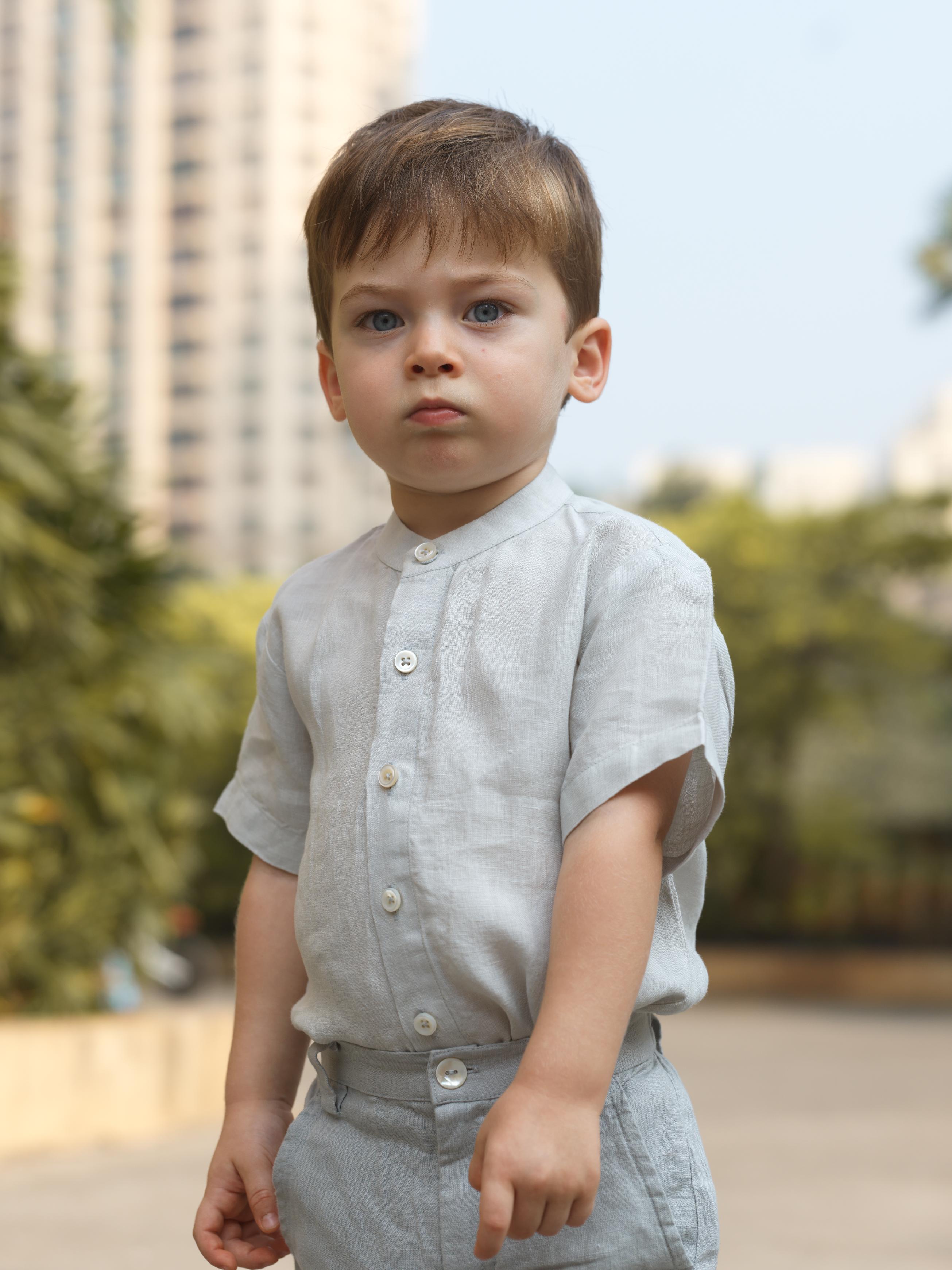 Boys Mandarin Collar Shirt & Trouser co-ords set Light Grey