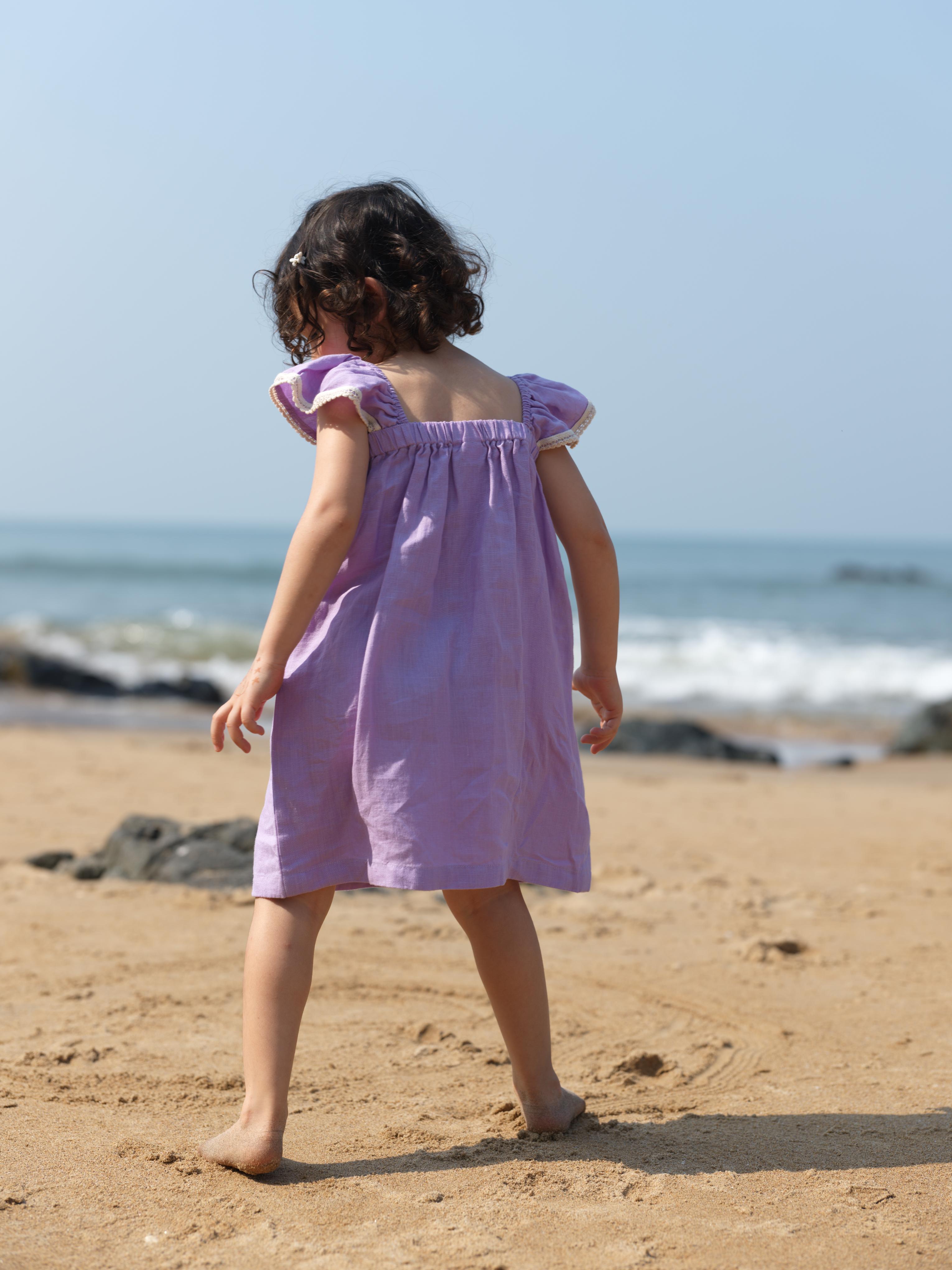 Girls Elasticated Flared Sleeve Dress Lavender