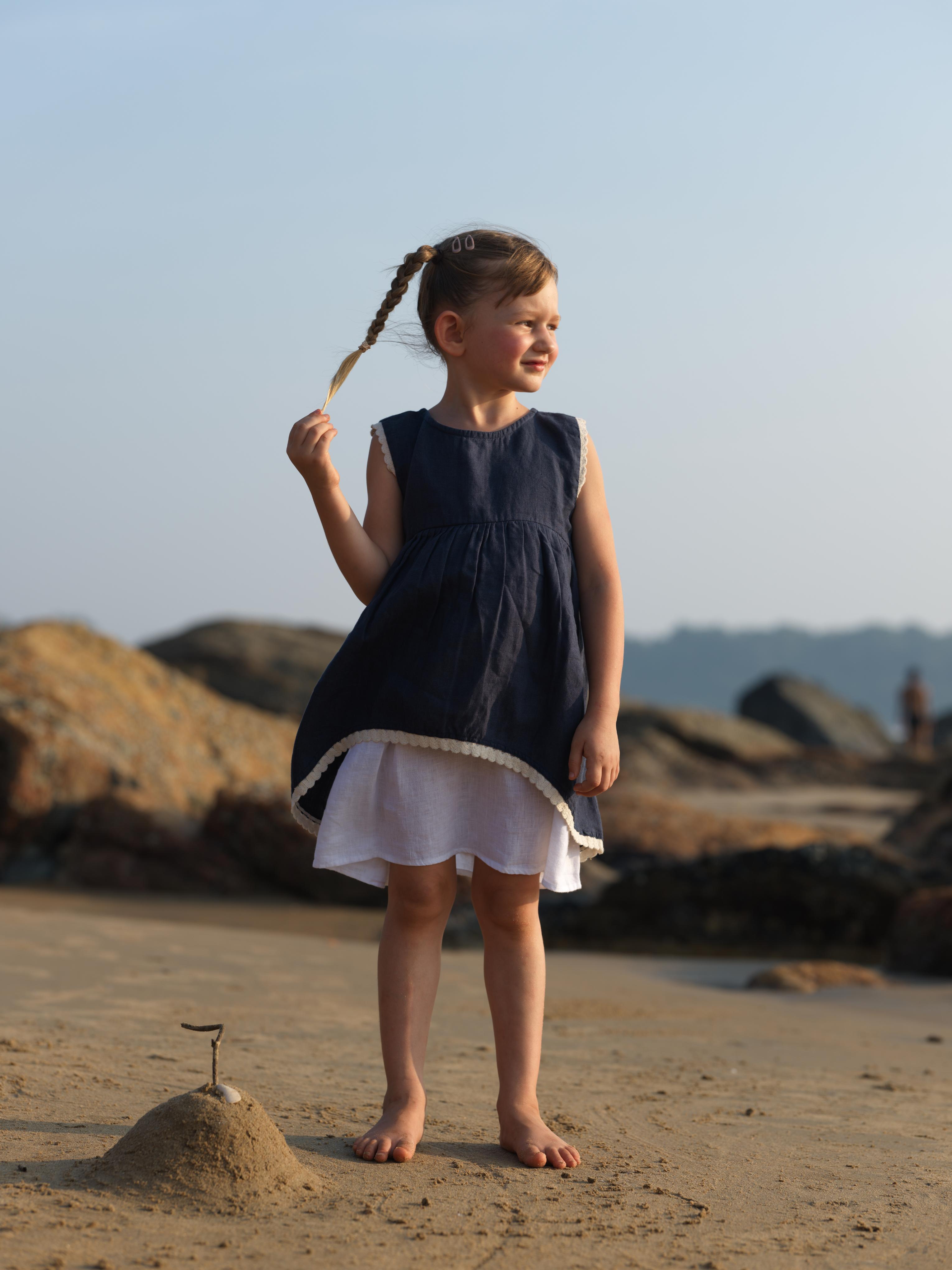 Girls Two Layer Sleeveless Dress Navy Blue / White