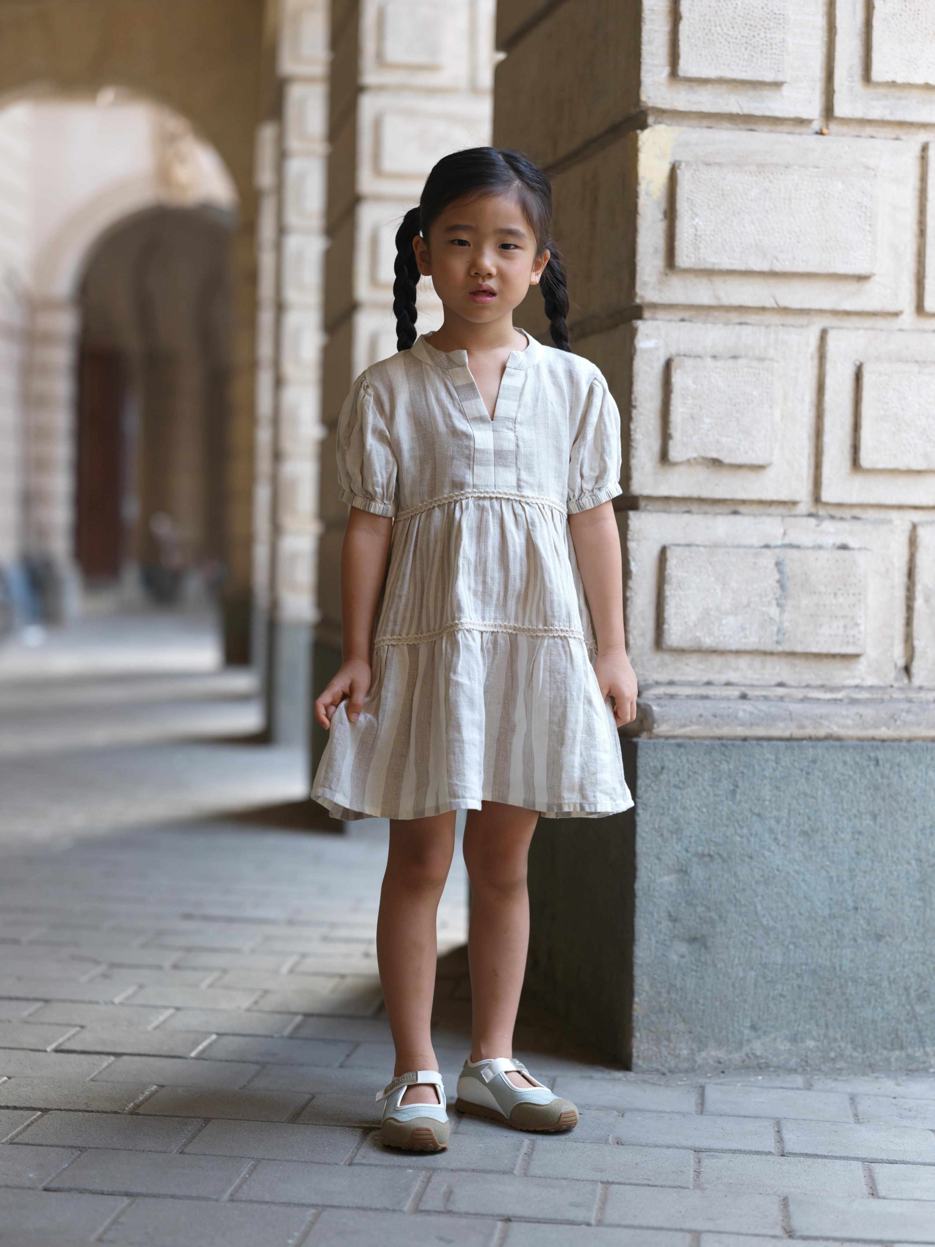 Girls 3 Tier V-Neck Dress Beige Cabana Stripe