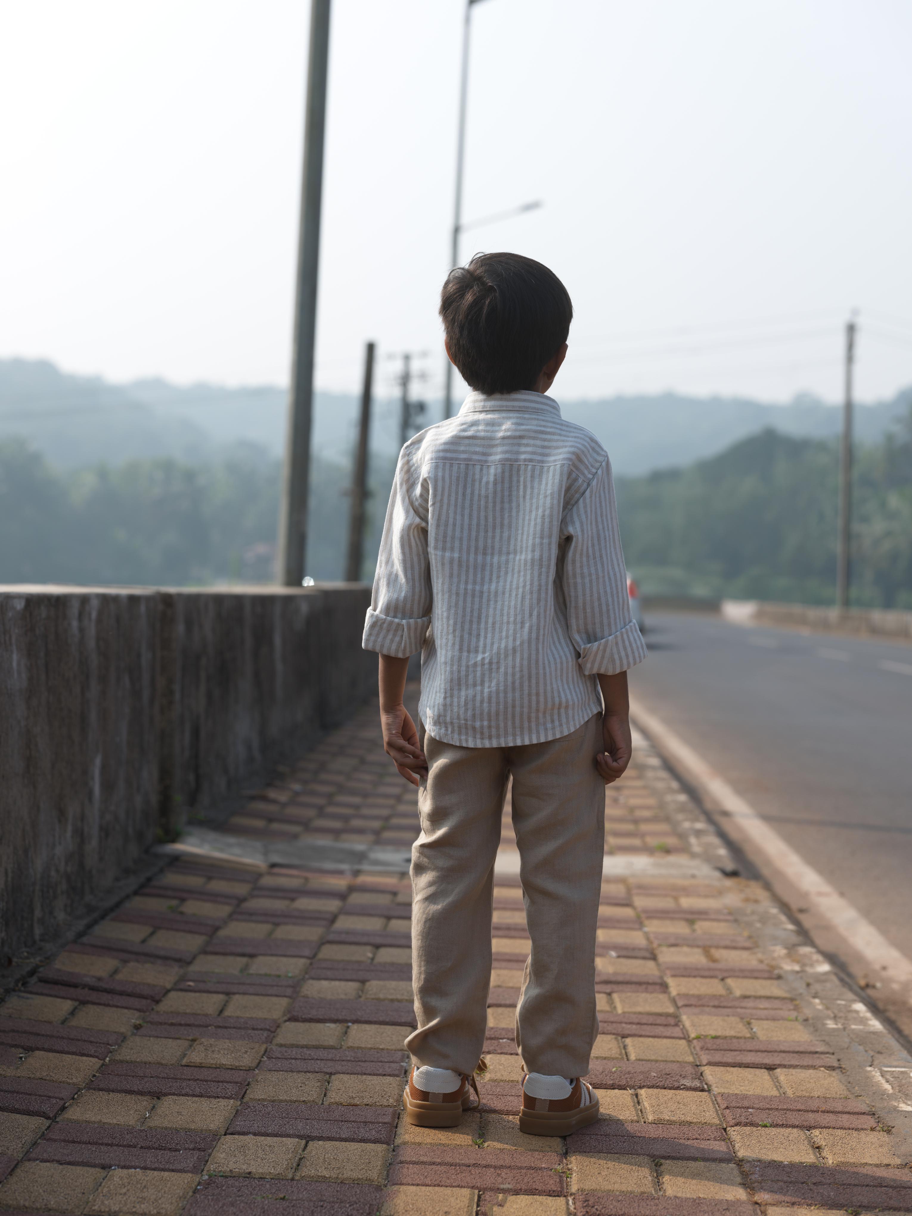 Boys Regular Collar Shirt Beige Stripe
