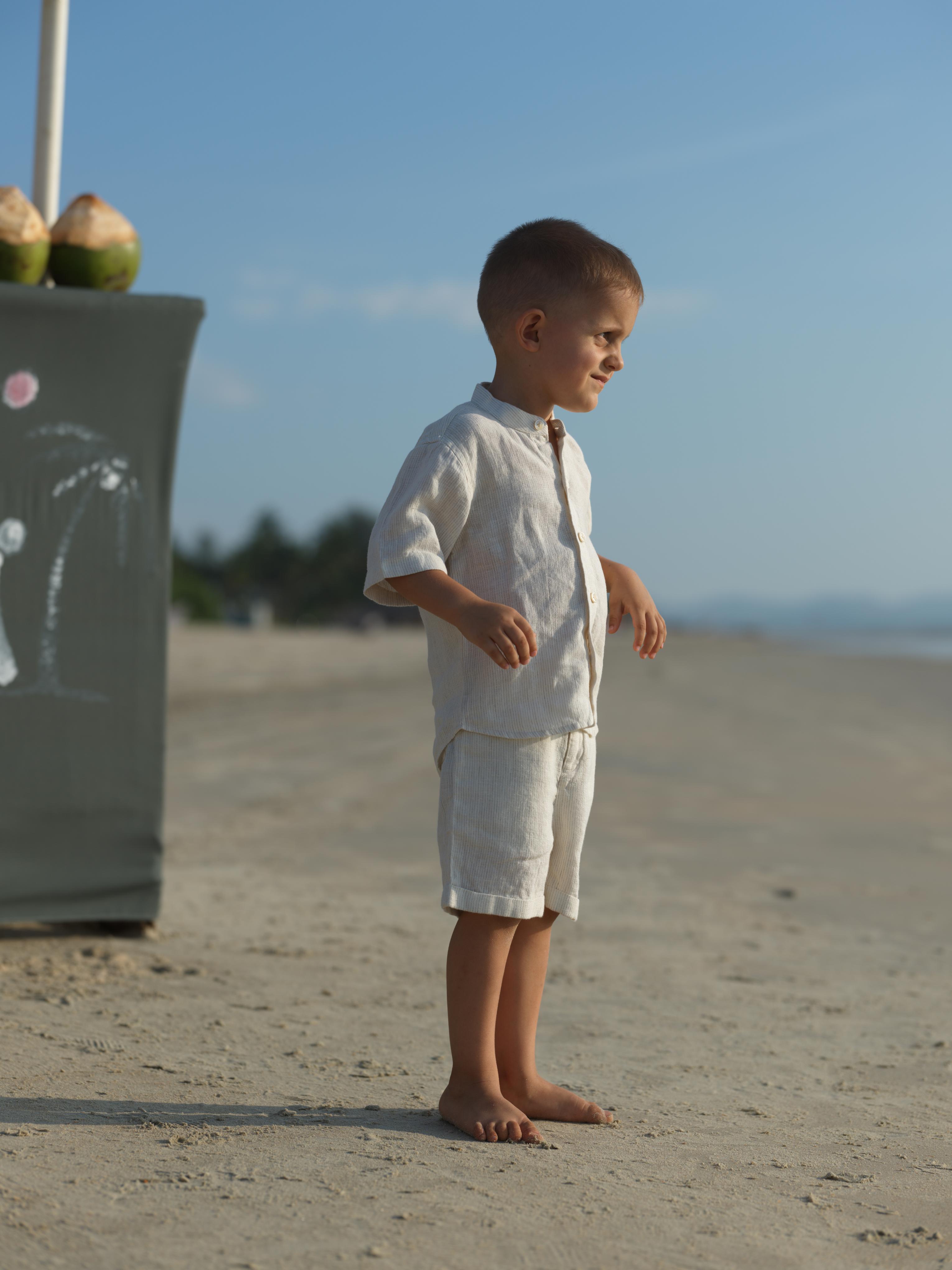 Boys Mandarin Collar Shirt & Shorts Co-Ord Beige