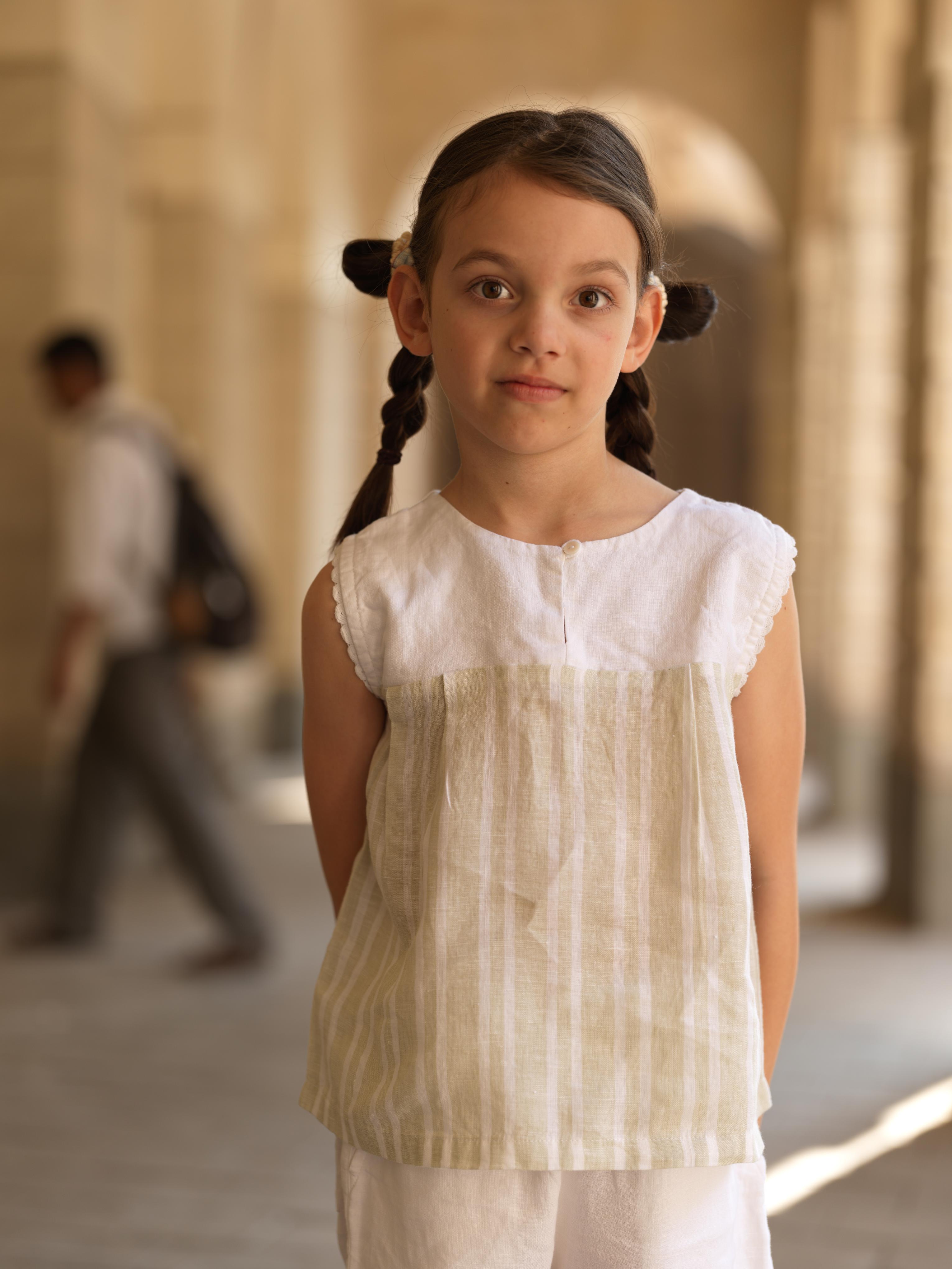 Girls Sleeveless Front Keyhole Top & Trousers Beige Double Stripe / White