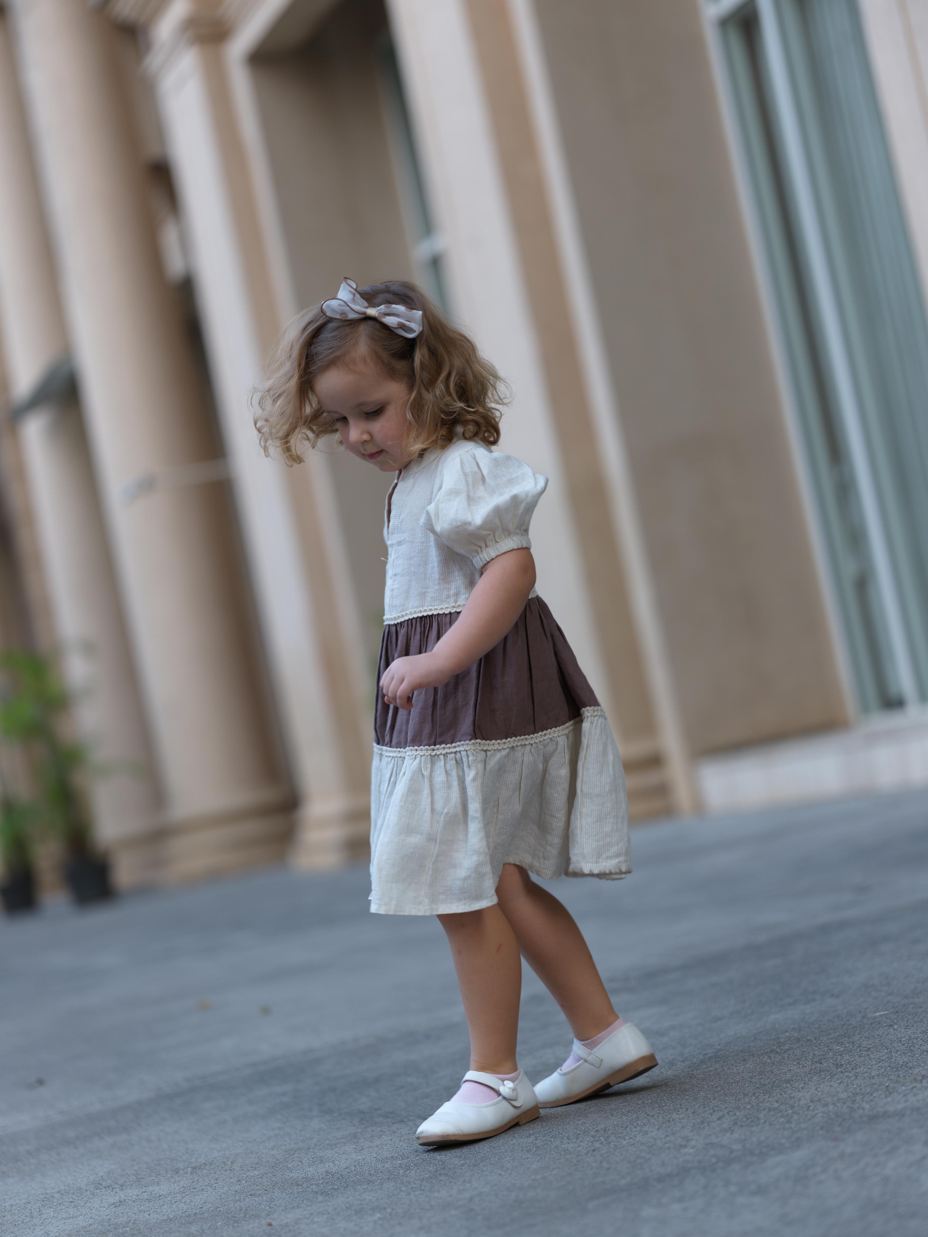 Girls 3 Tier V-Neck Dress Beige Hairline Stripe / Brown
