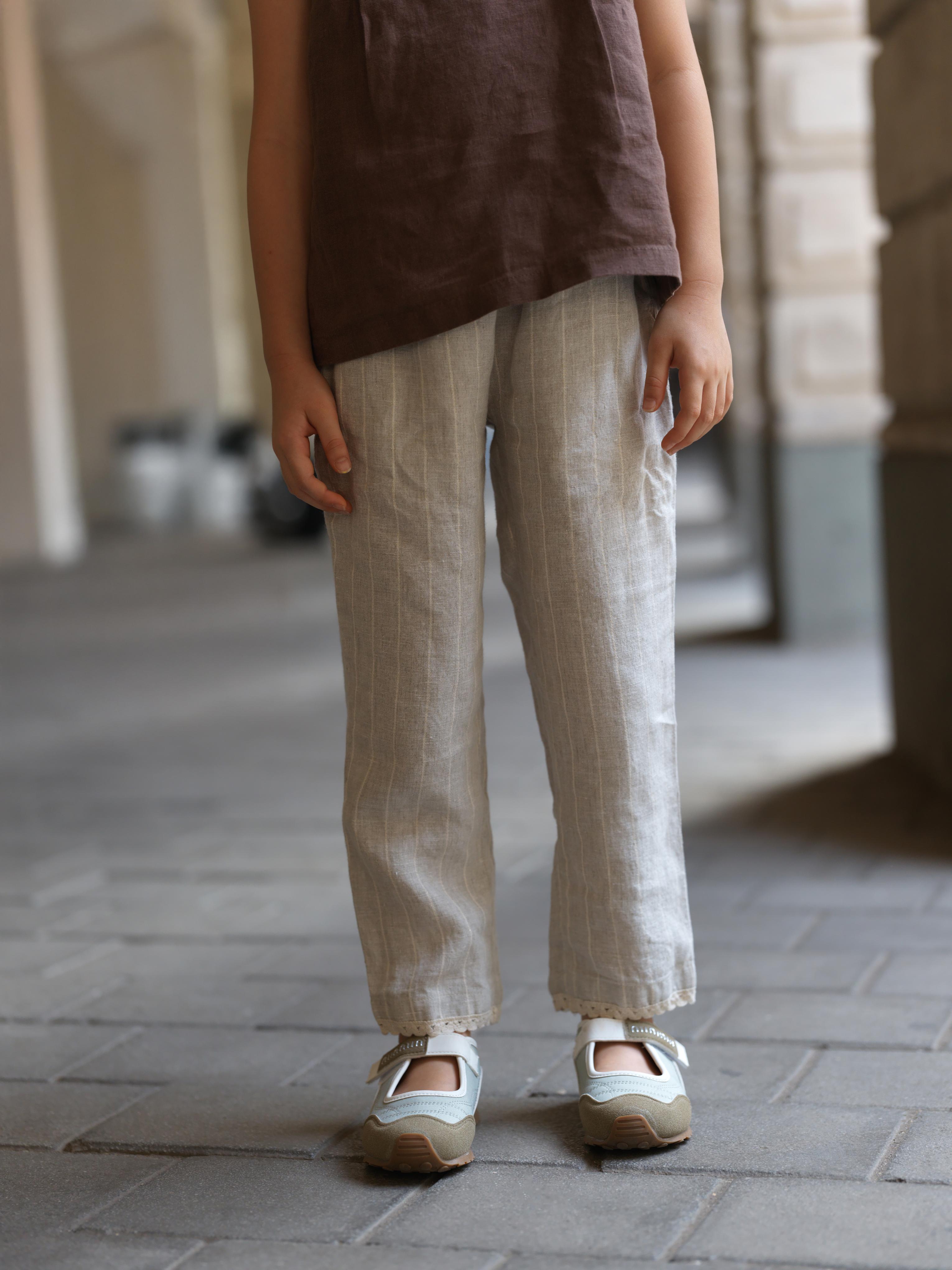 Girls Sleeveless Front Keyhole Top & Trousers Lurex Stripe / Walnut