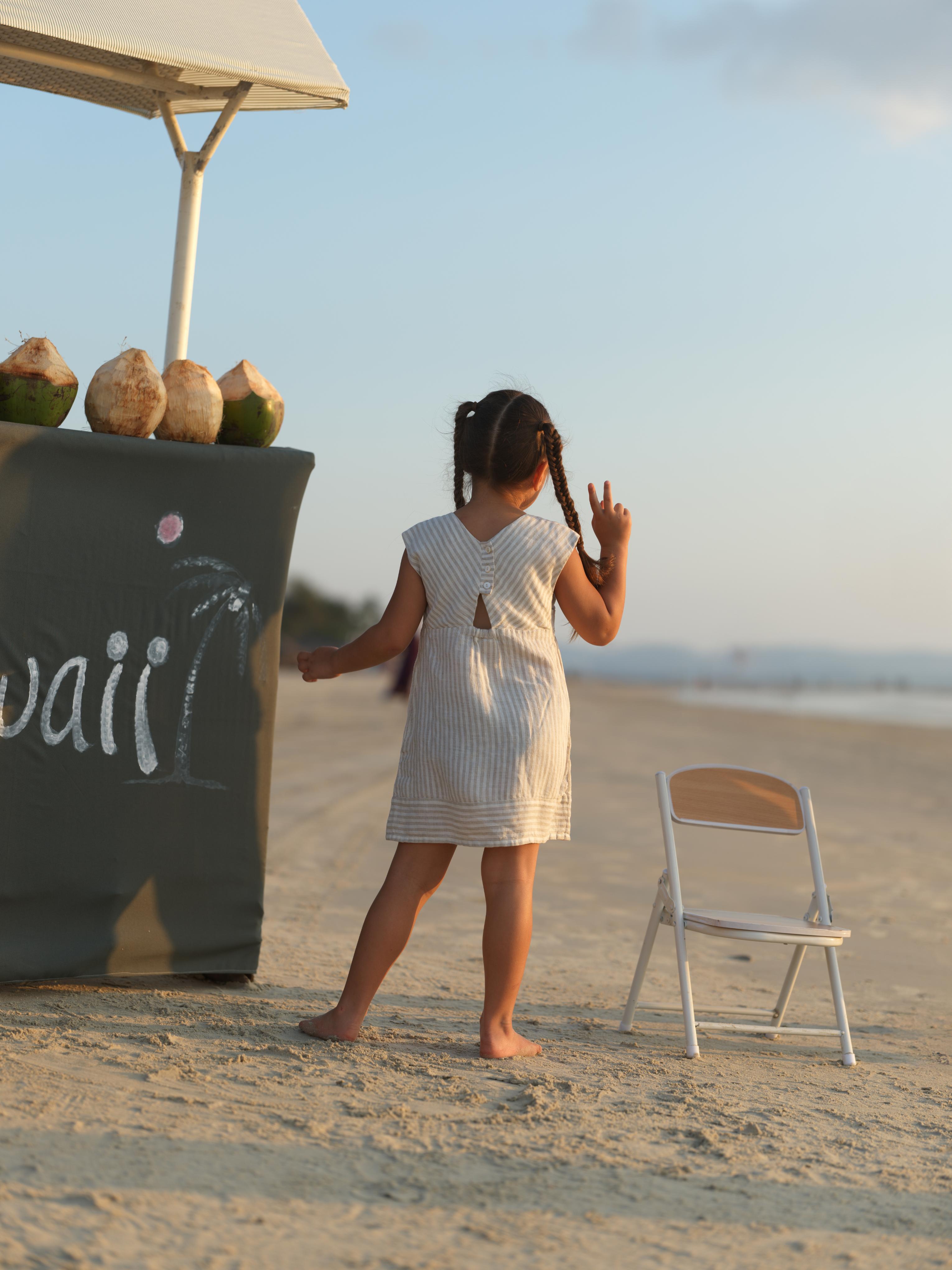 Girls Round Neck Back Opening DressBeige Stripes