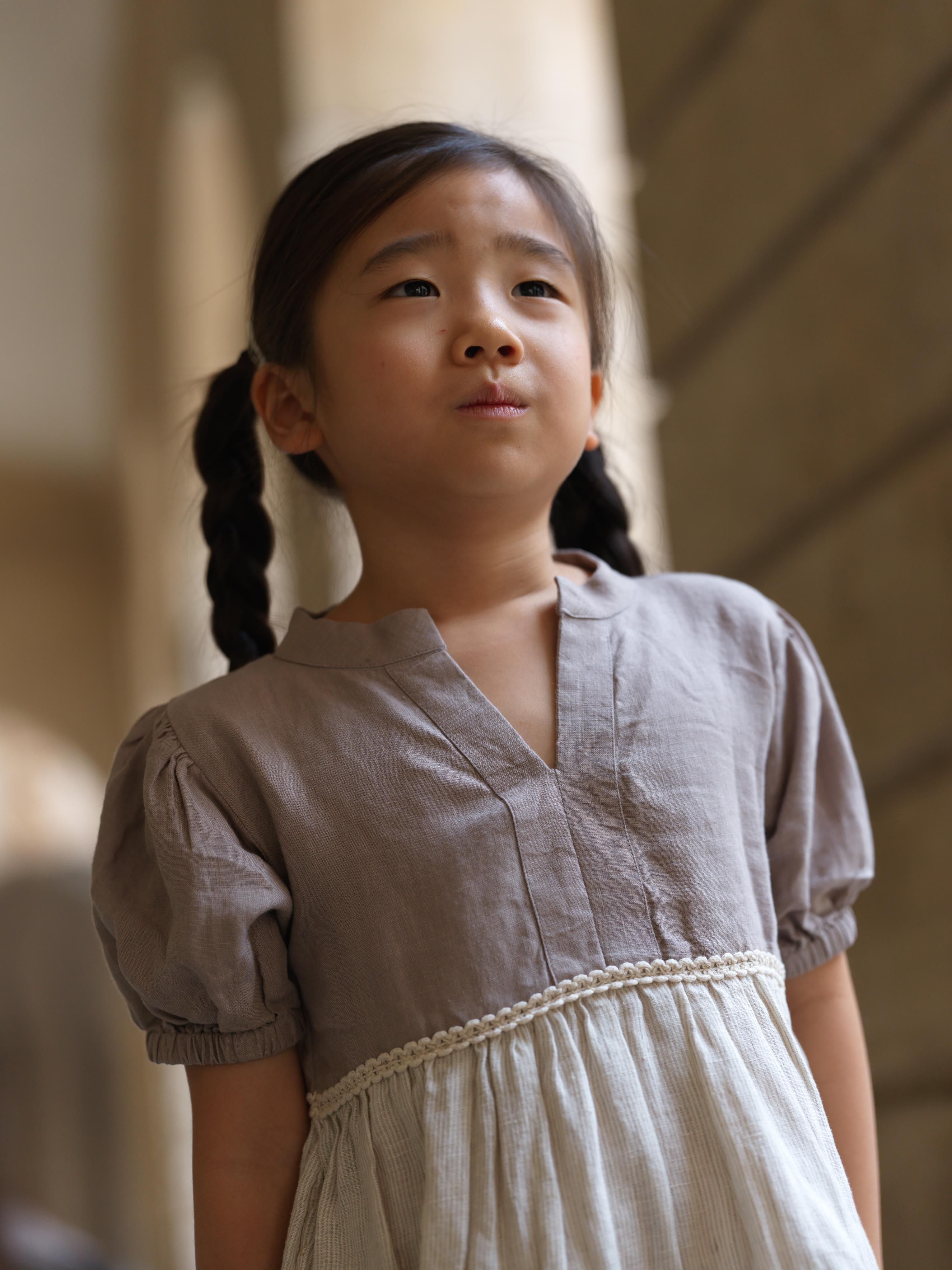 Girls 3 Tier V-Neck Dress Fade Fine Stripe / Almond Beige