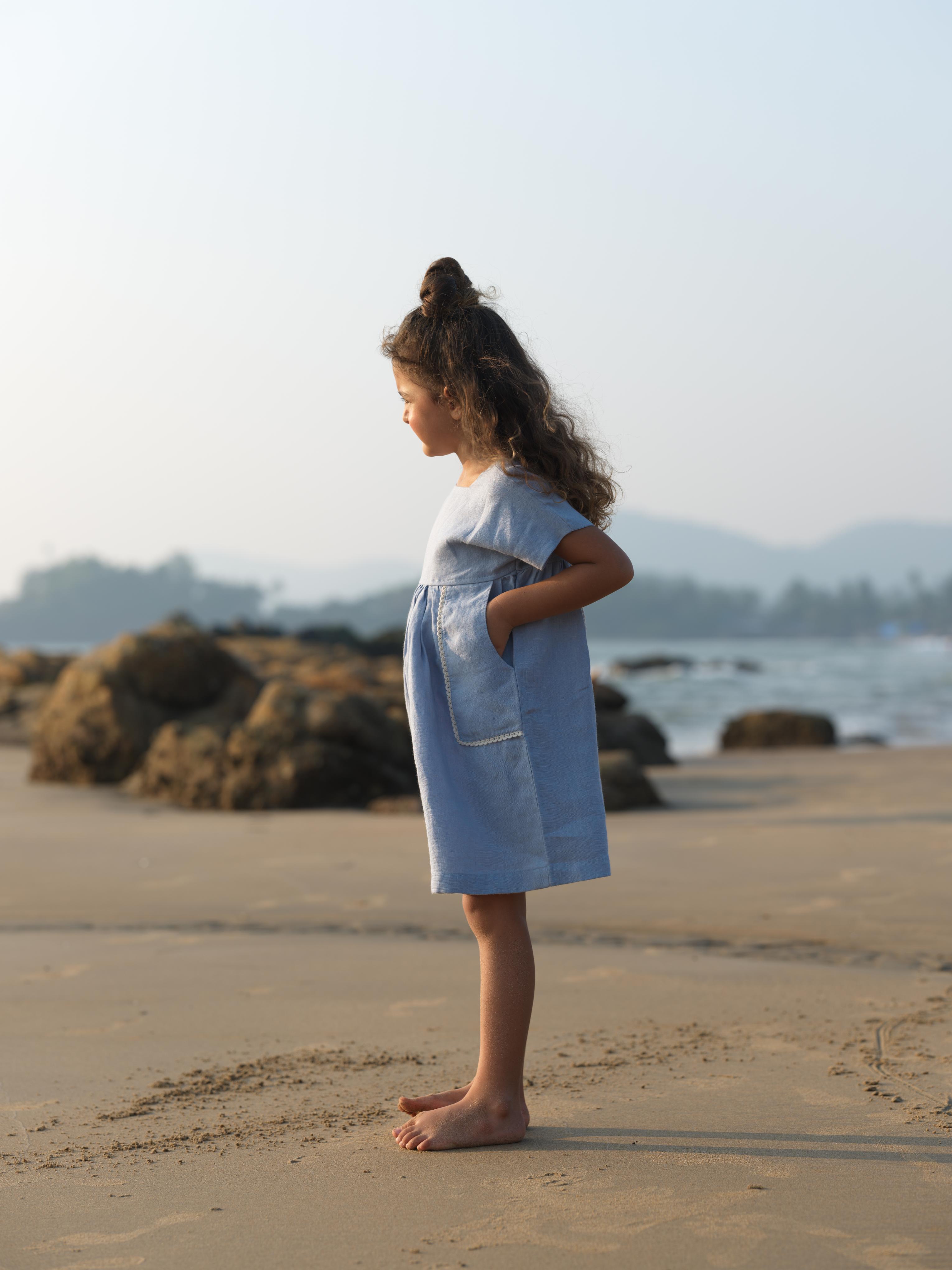 Girls Patch Pocket Tie-Back Dress Pacific Blue