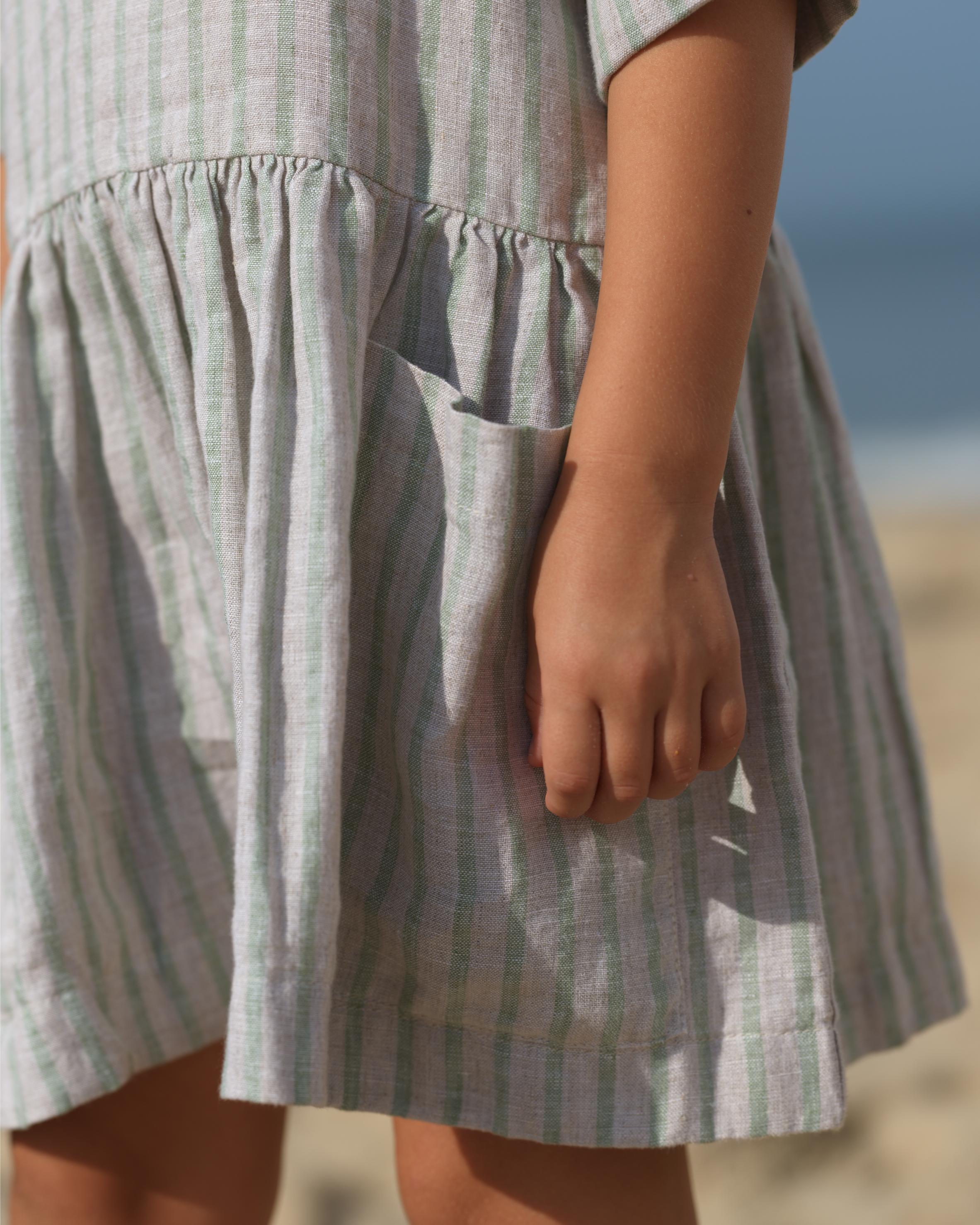 Girl Patch Pocket Drop Shoulder Dress Sage Pencil Stripe