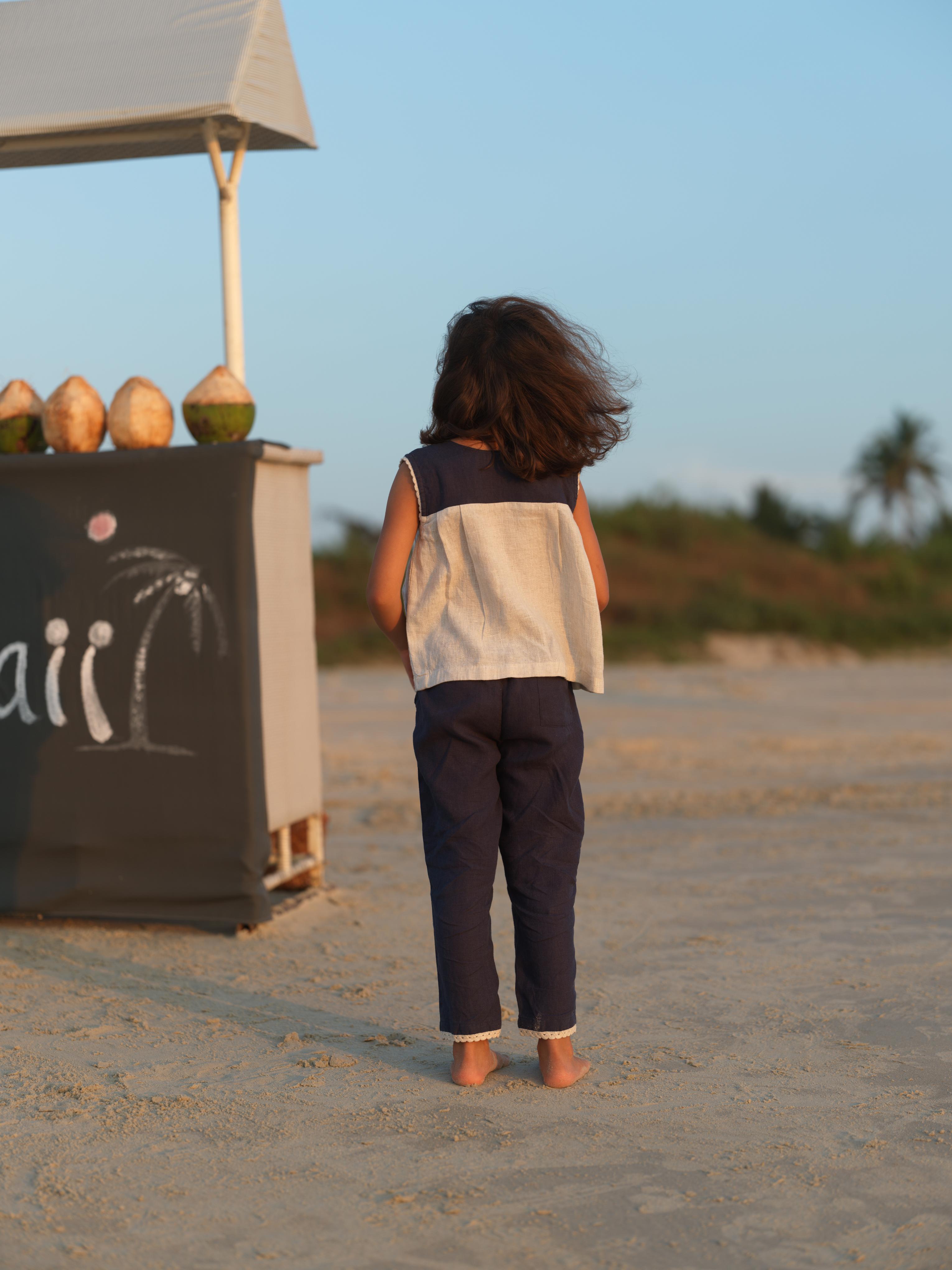 Girls Sleeveless Front Keyhole Top & Trousers Navy Blue / Fade Fine Stripe