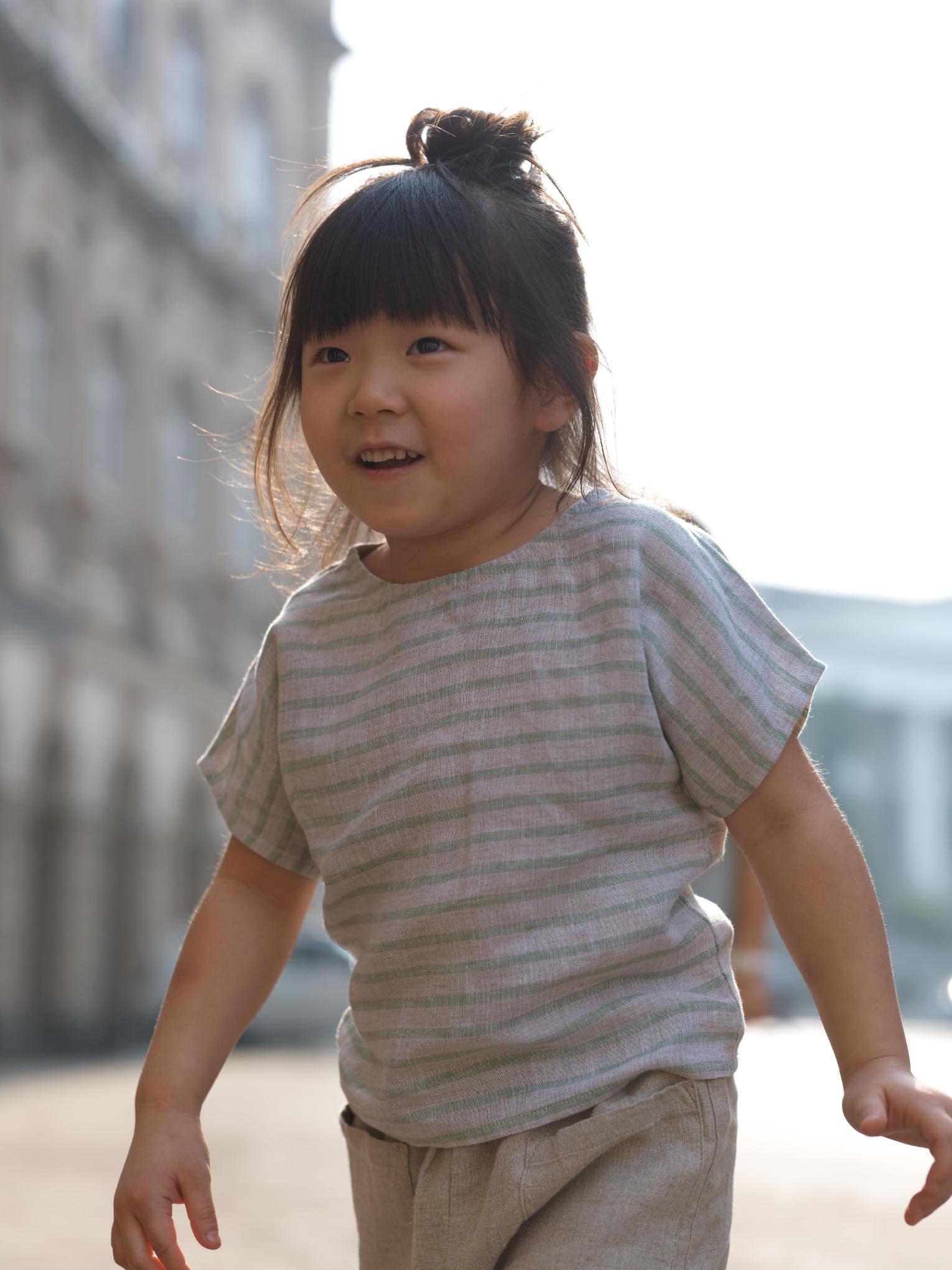 Girls Round Shoulder Top & Patch pocket Trousers Co-Ord set Sage Pencil Stripe / Natural swaps