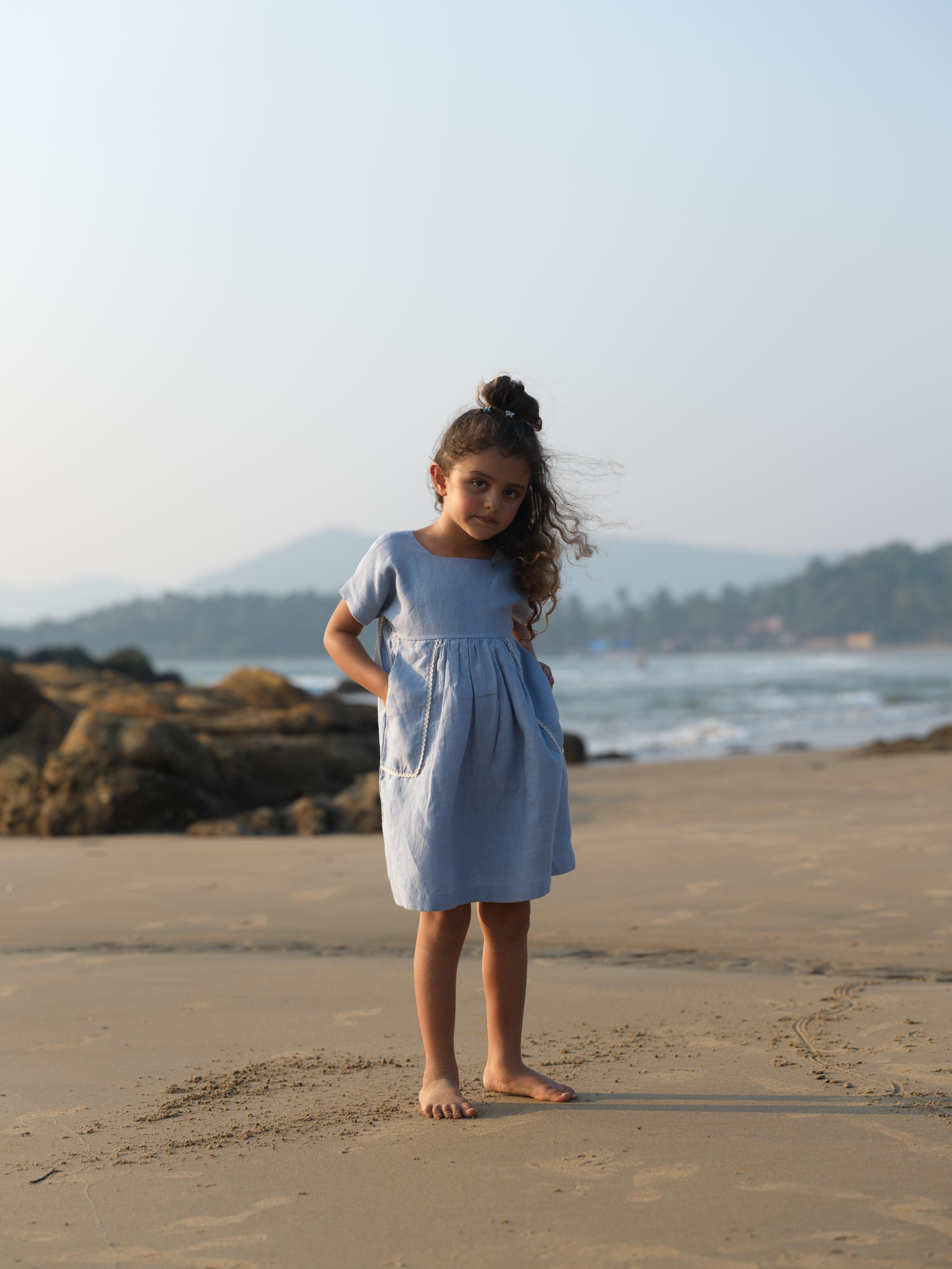 Girls Patch Pocket Tie-Back Dress Pacific Blue