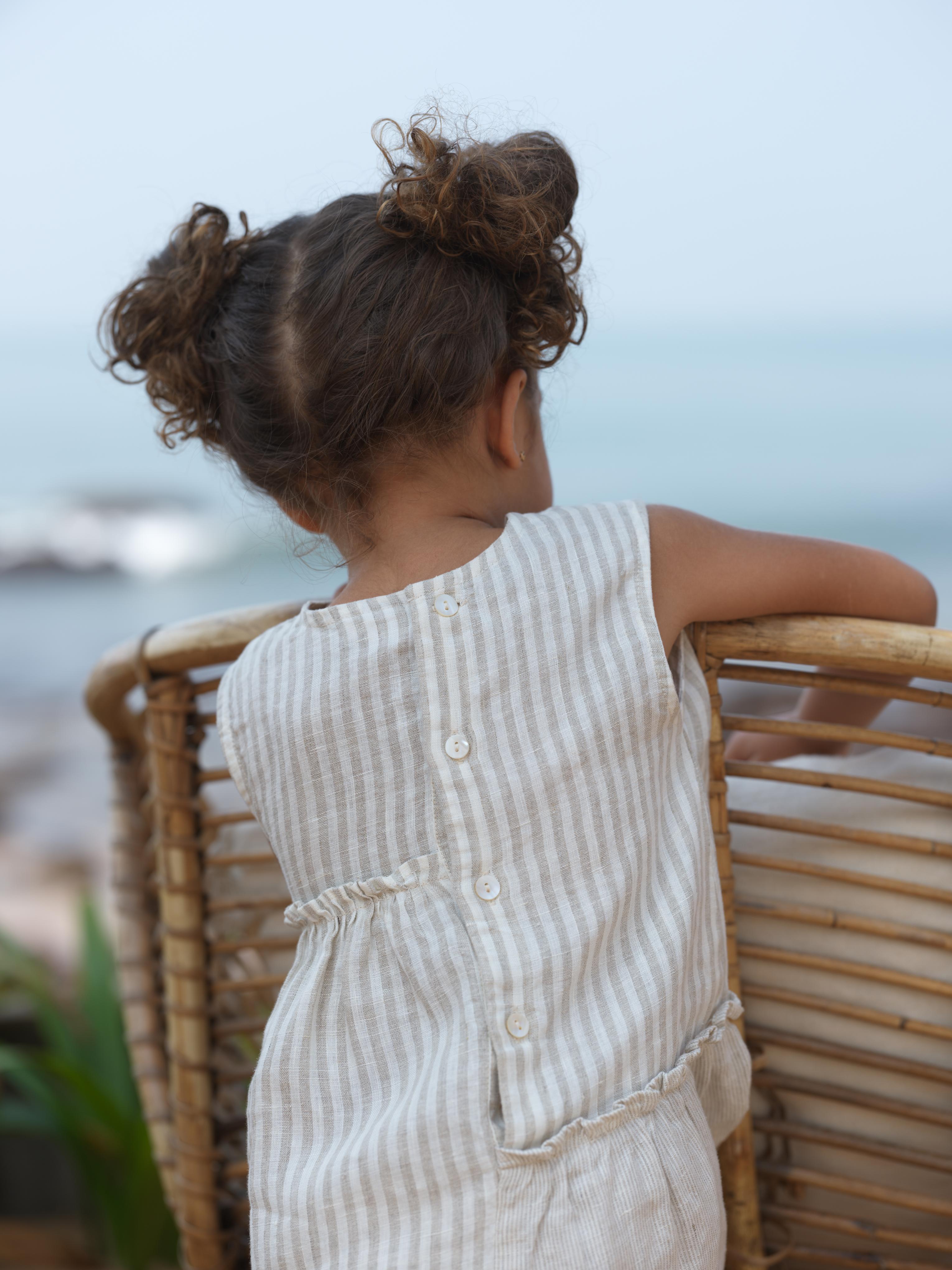 Girls Sleeveless Gathered Dress Beige Stripes / Fade Fine Stripe