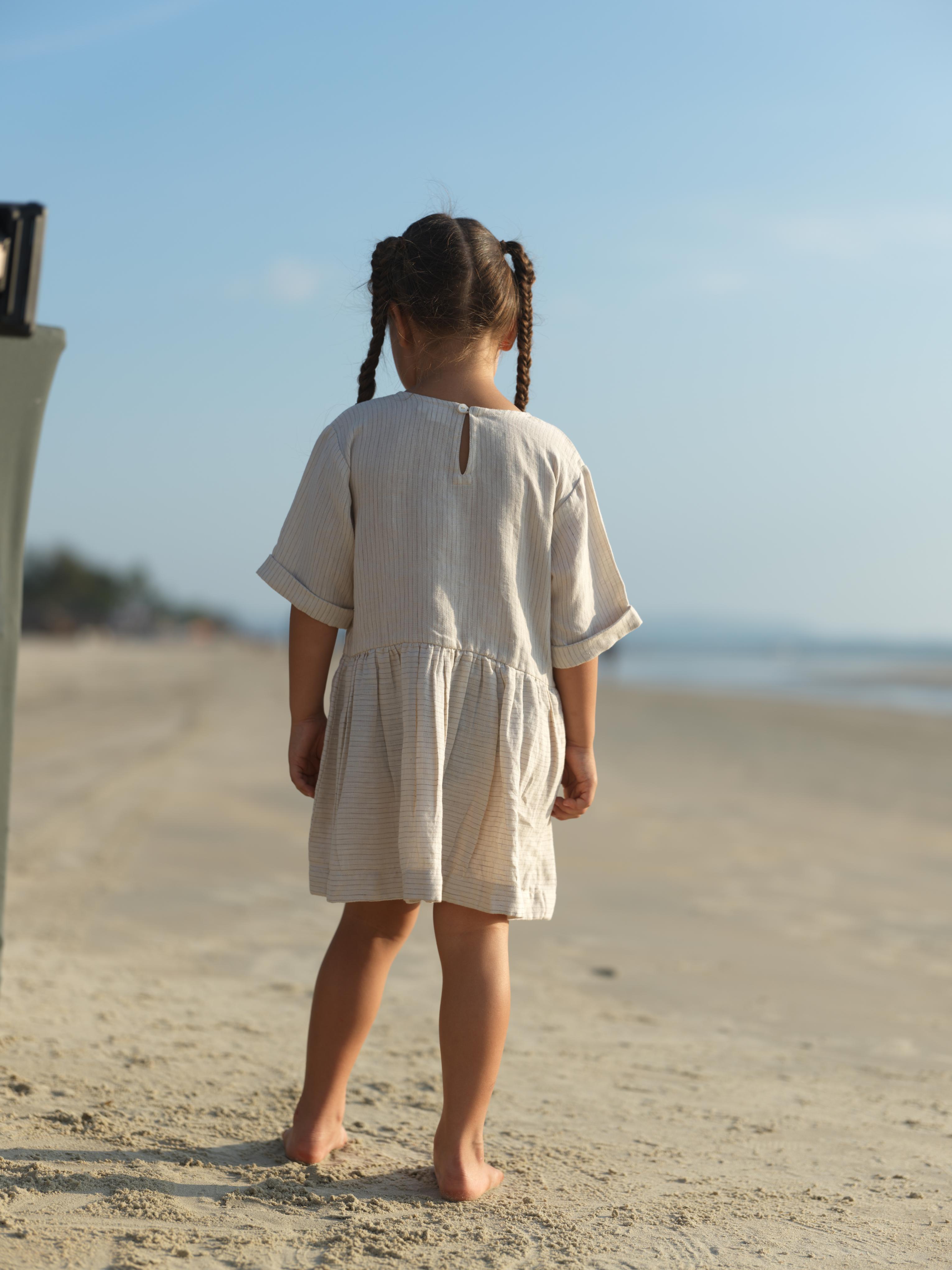 Girl Patch Pocket Drop Shoulder Dress Beige Lines