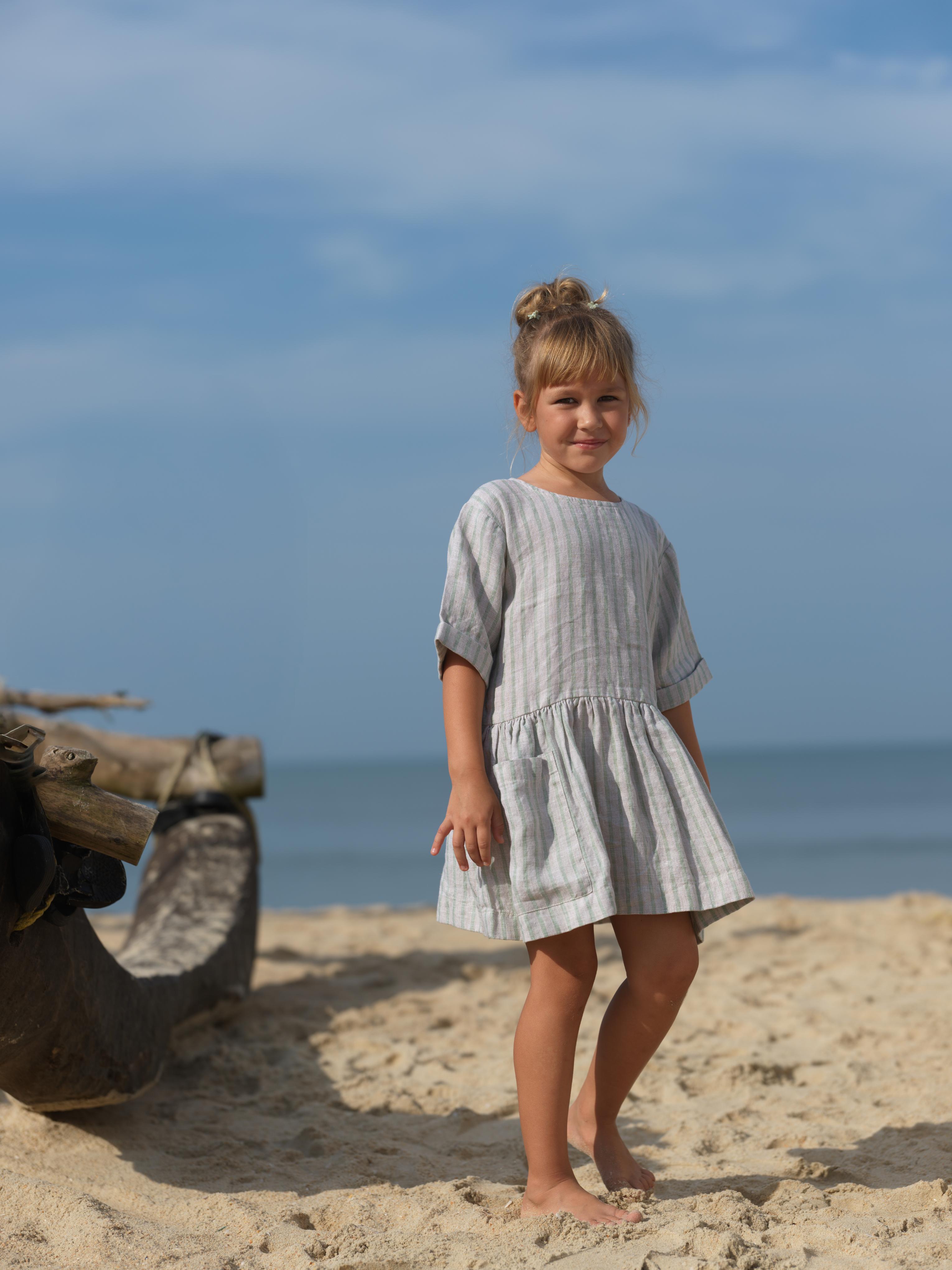 Girl Patch Pocket Drop Shoulder Dress Sage Pencil Stripe