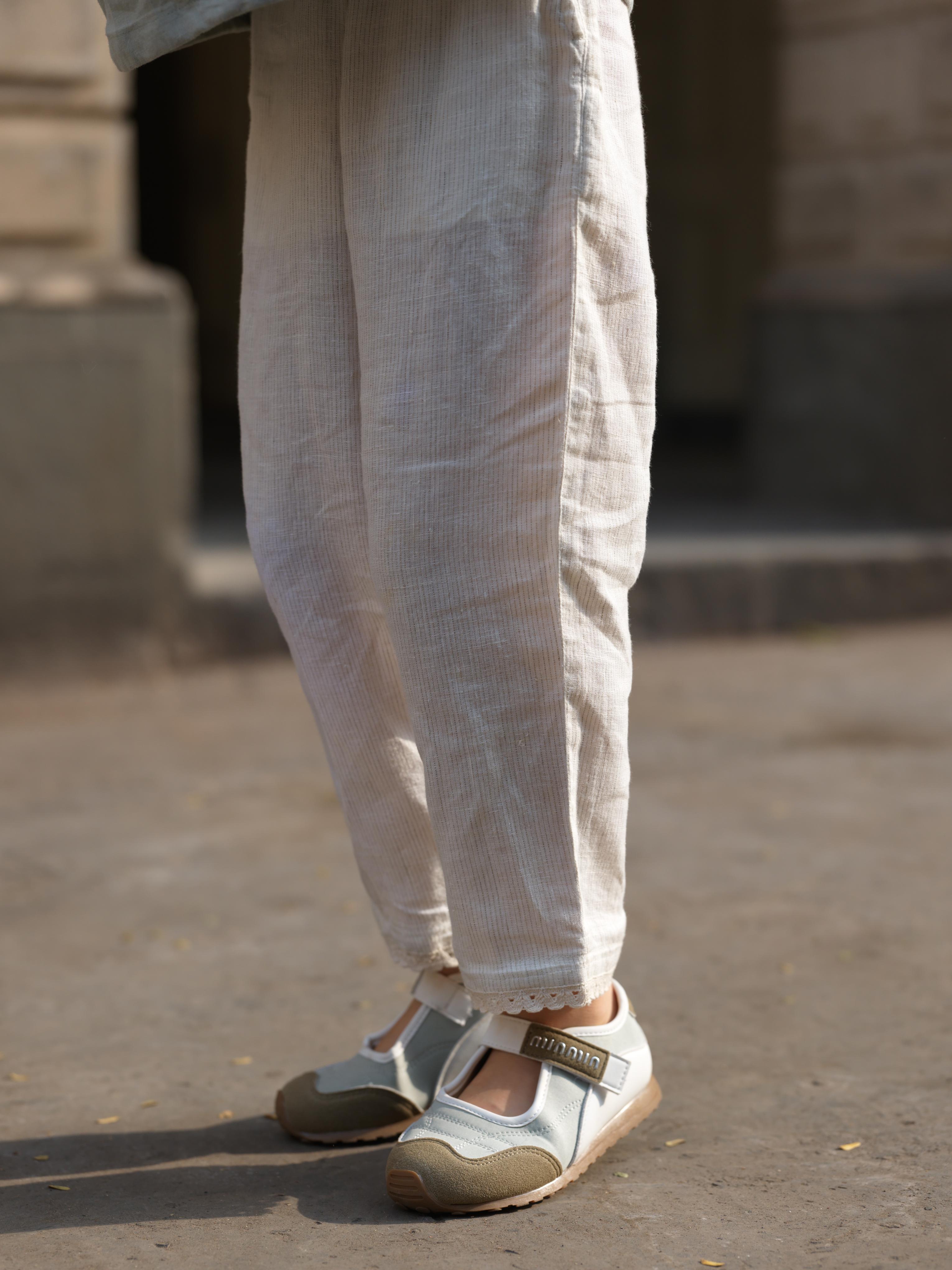 Girls Sleeveless Front Keyhole Top & Trousers Beige Hairline Stripe / Mint Green