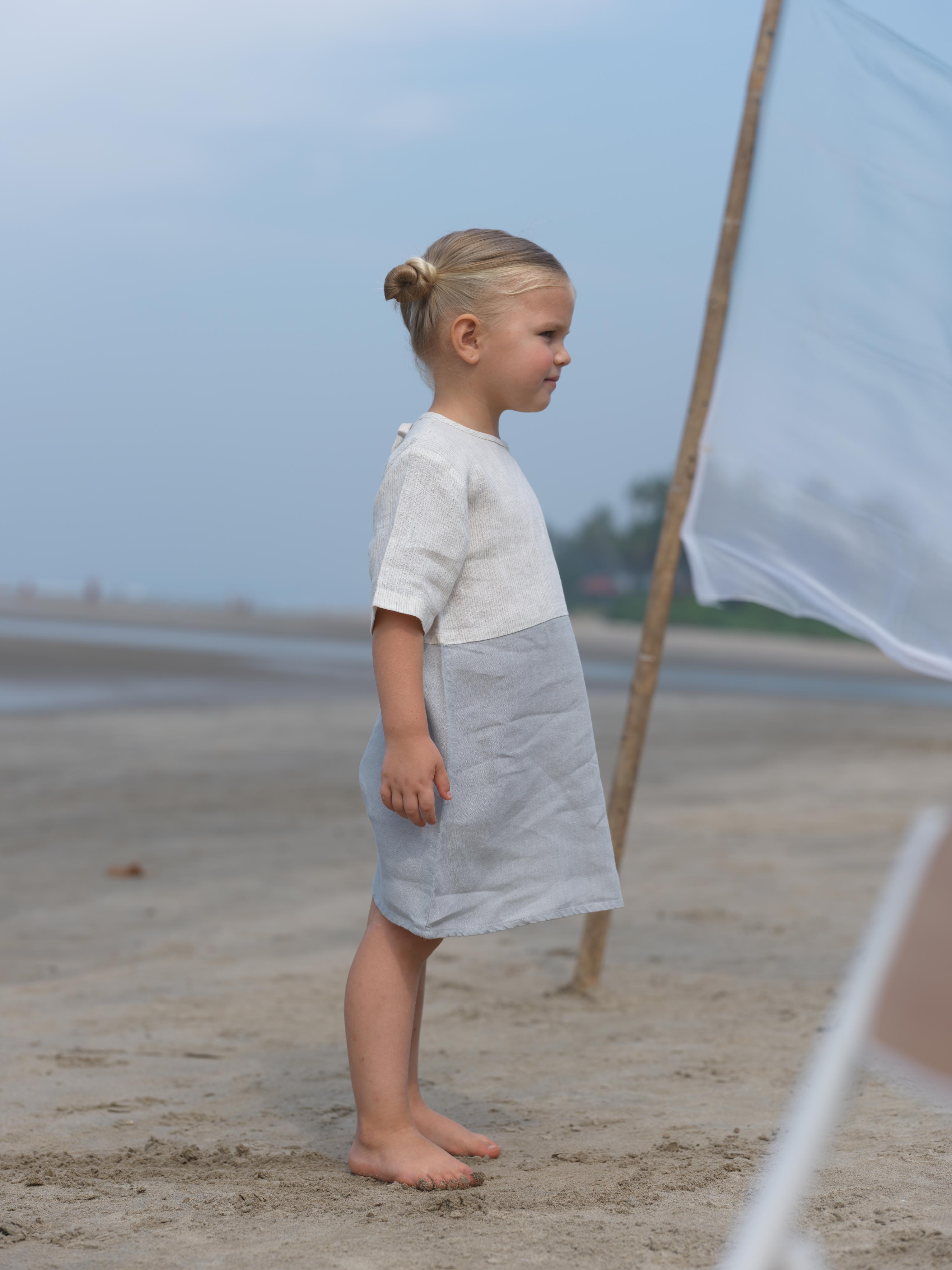 Girls Two Colour Casual Dress Beige Hairline Stripe / Cloud Grey